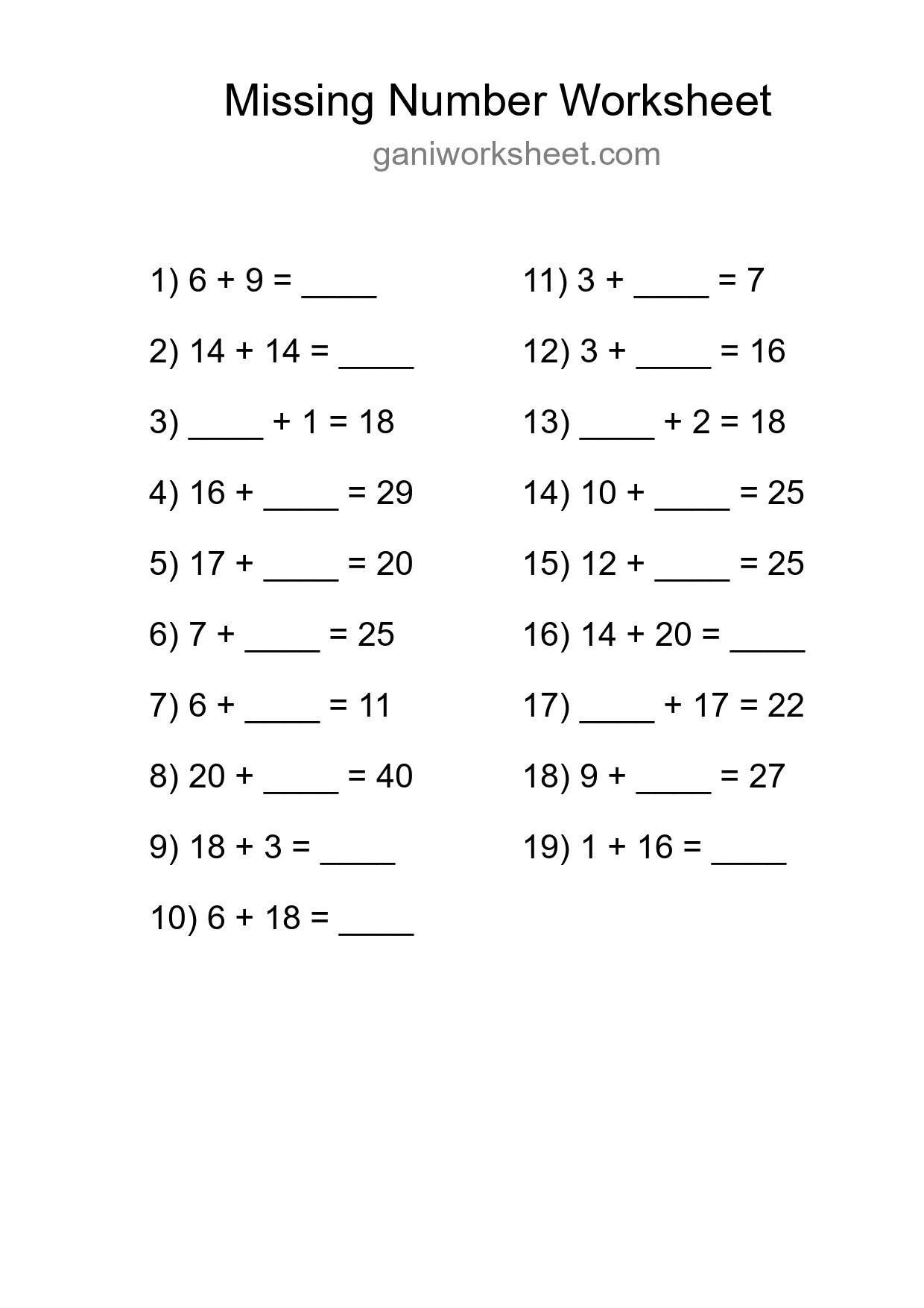 Missing Number Math Worksheet