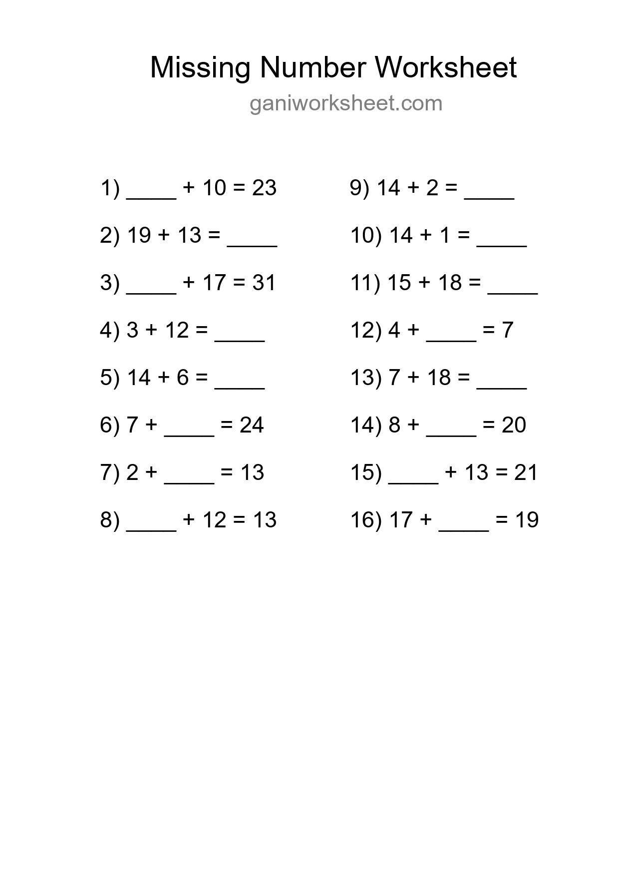 Missing Number Math Worksheet