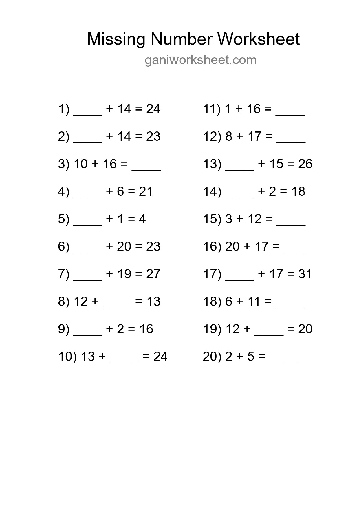 Missing Number Math Worksheet