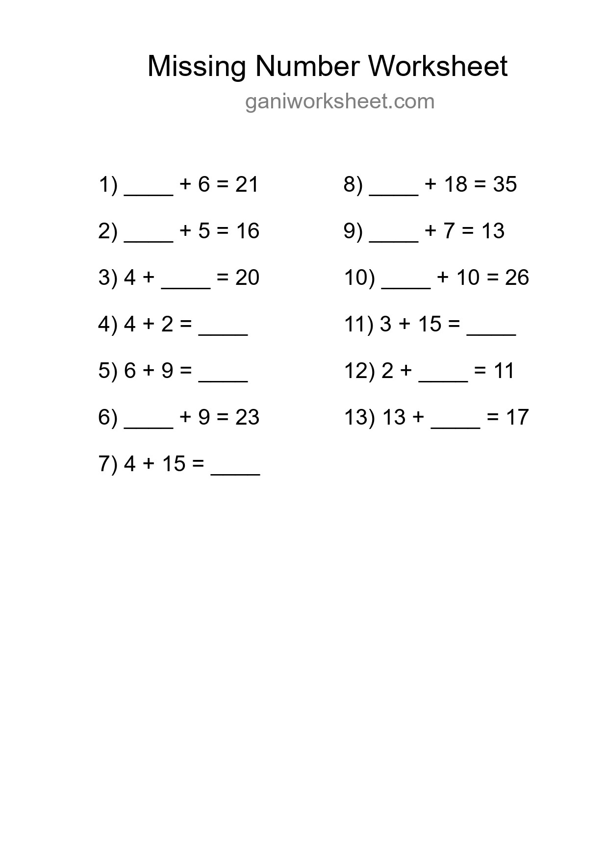 Missing Number Math Worksheet