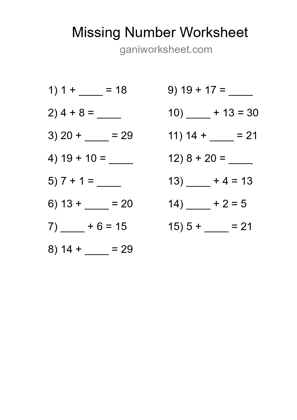 Missing Number Math Worksheet