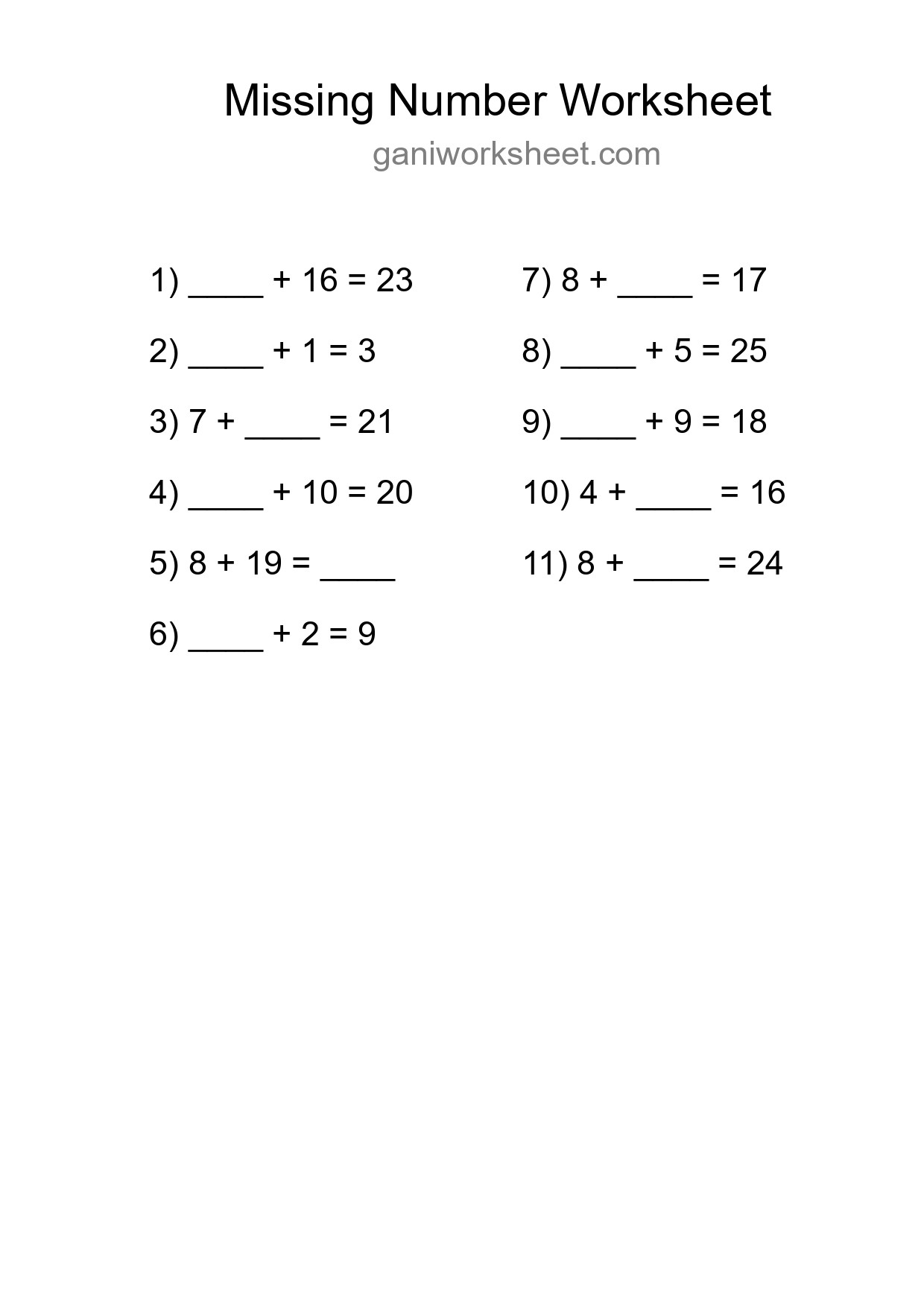 Missing Number Math Worksheet