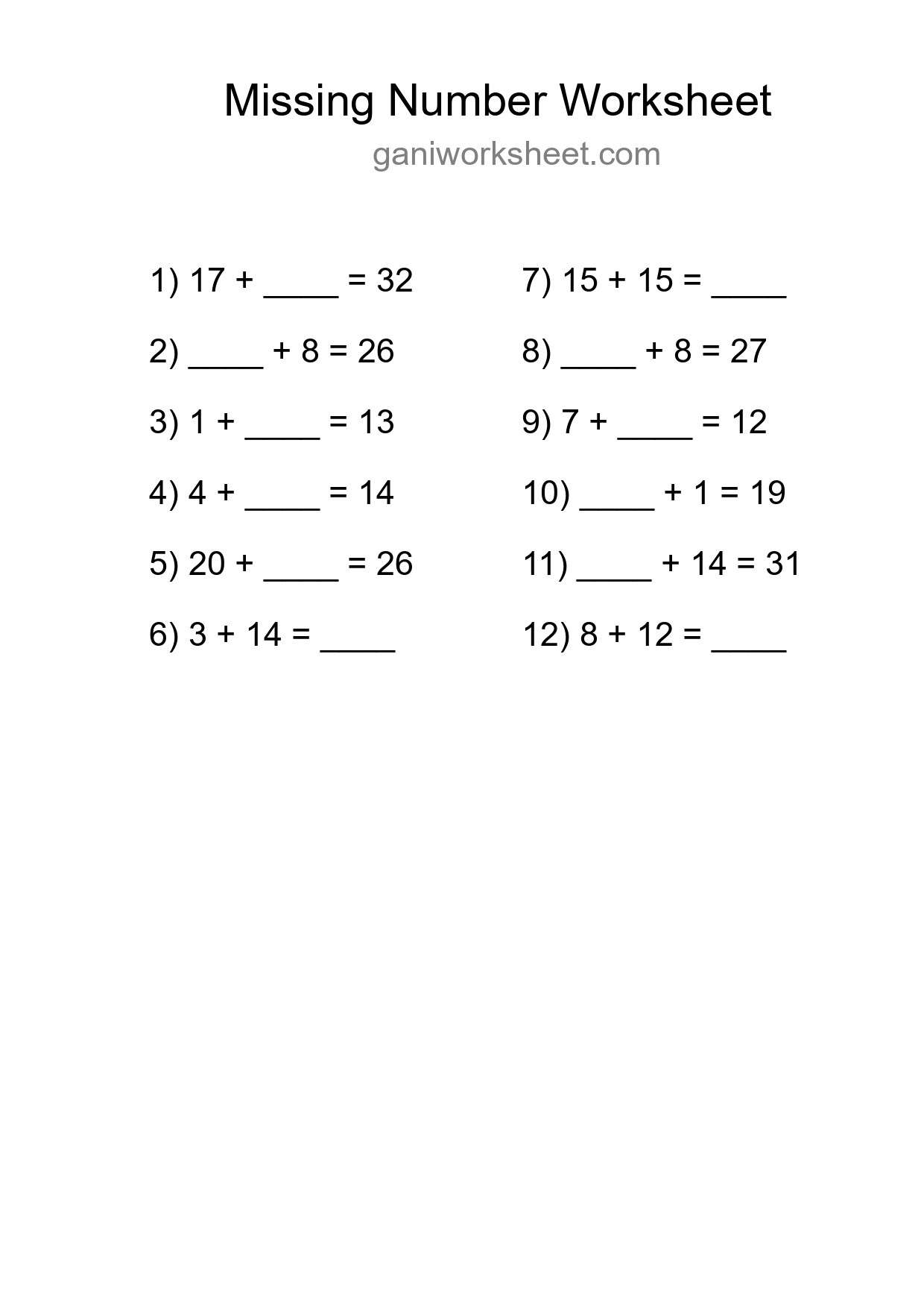 Missing Number Math Worksheet