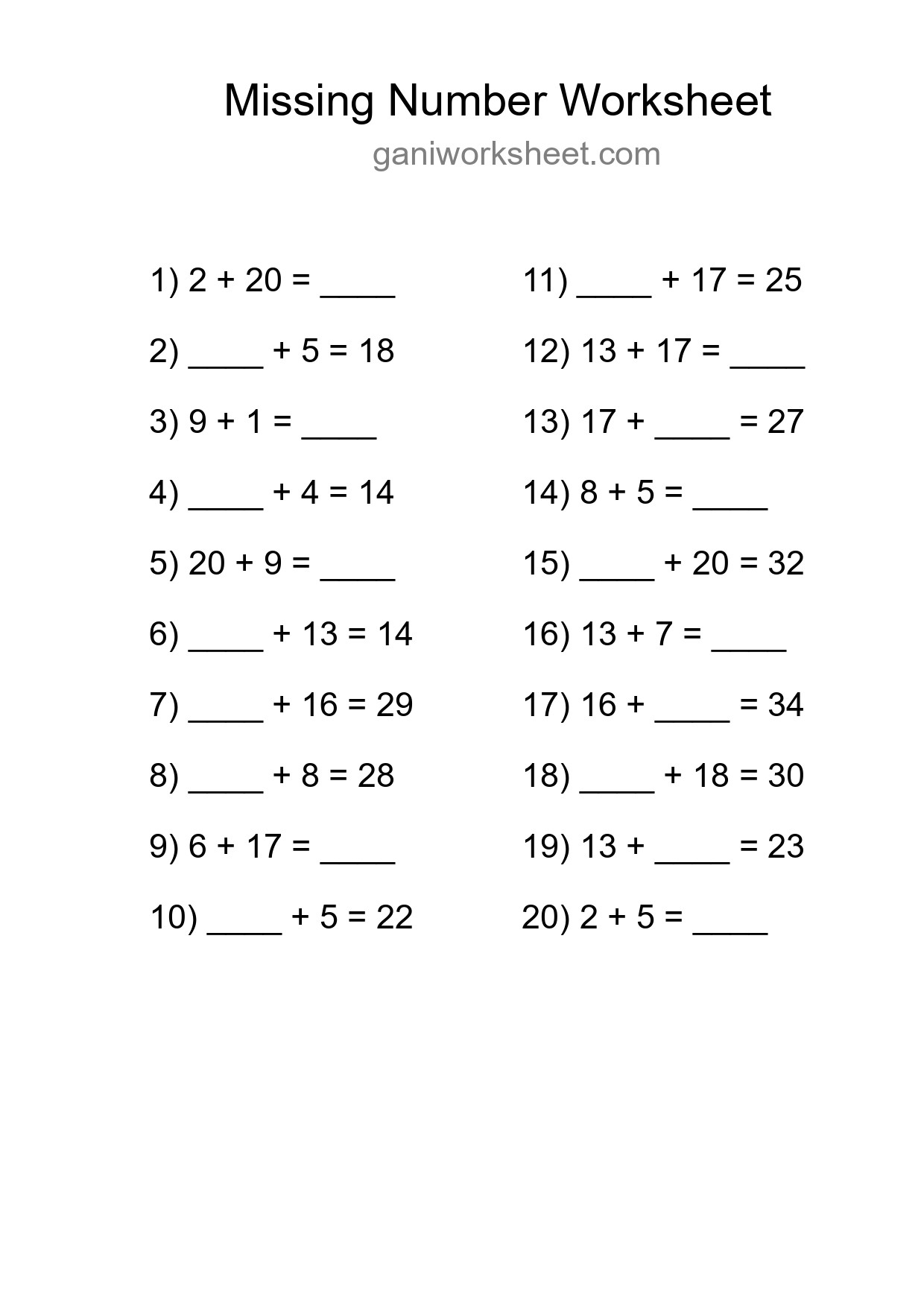 Missing Number Math Worksheet