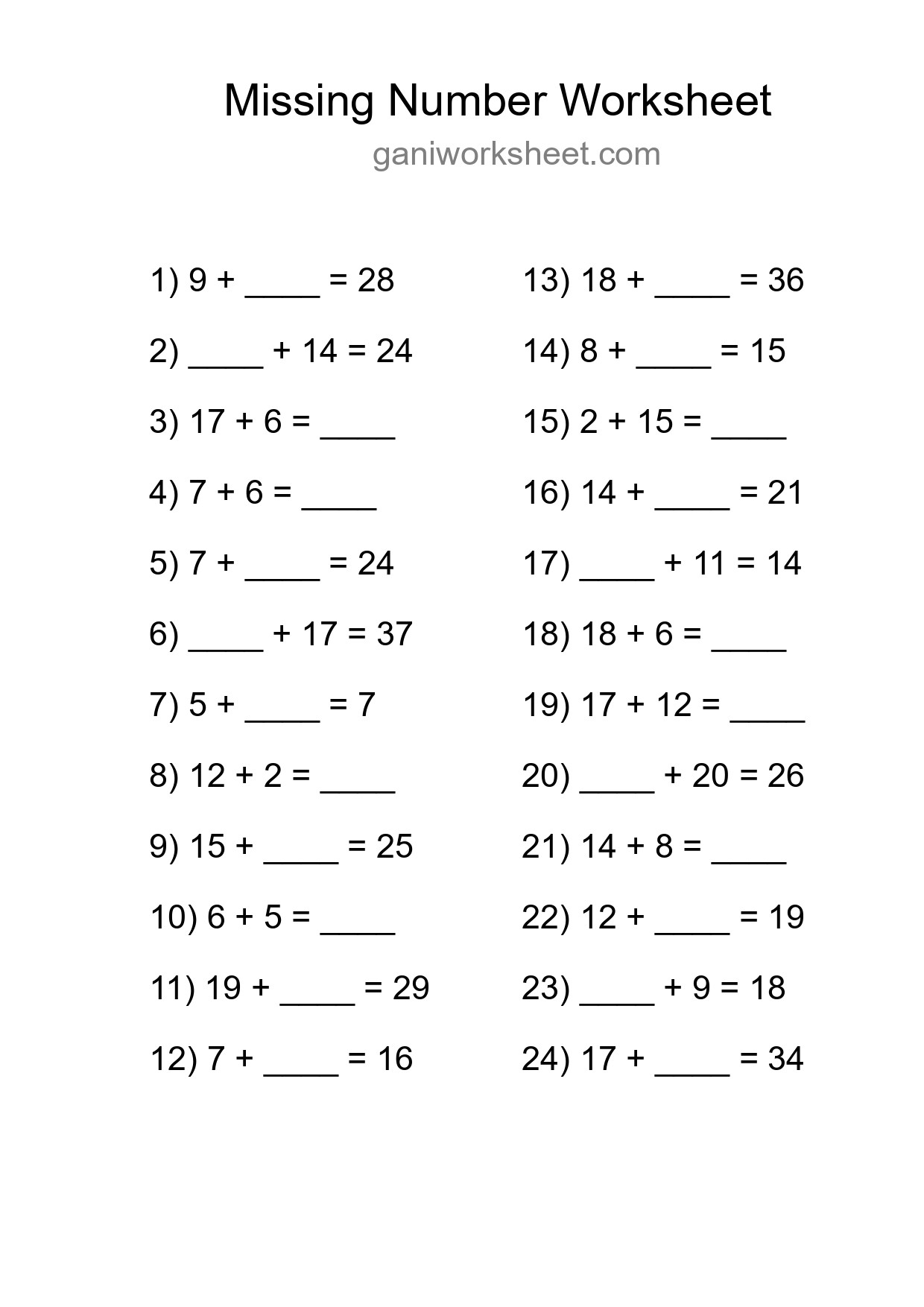 Missing Number Math Worksheet