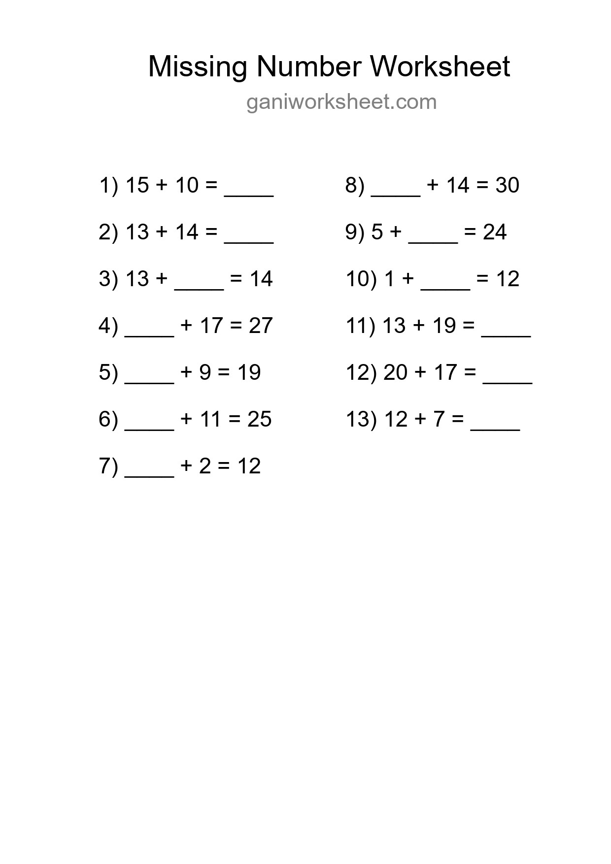 Missing Number Math Worksheet