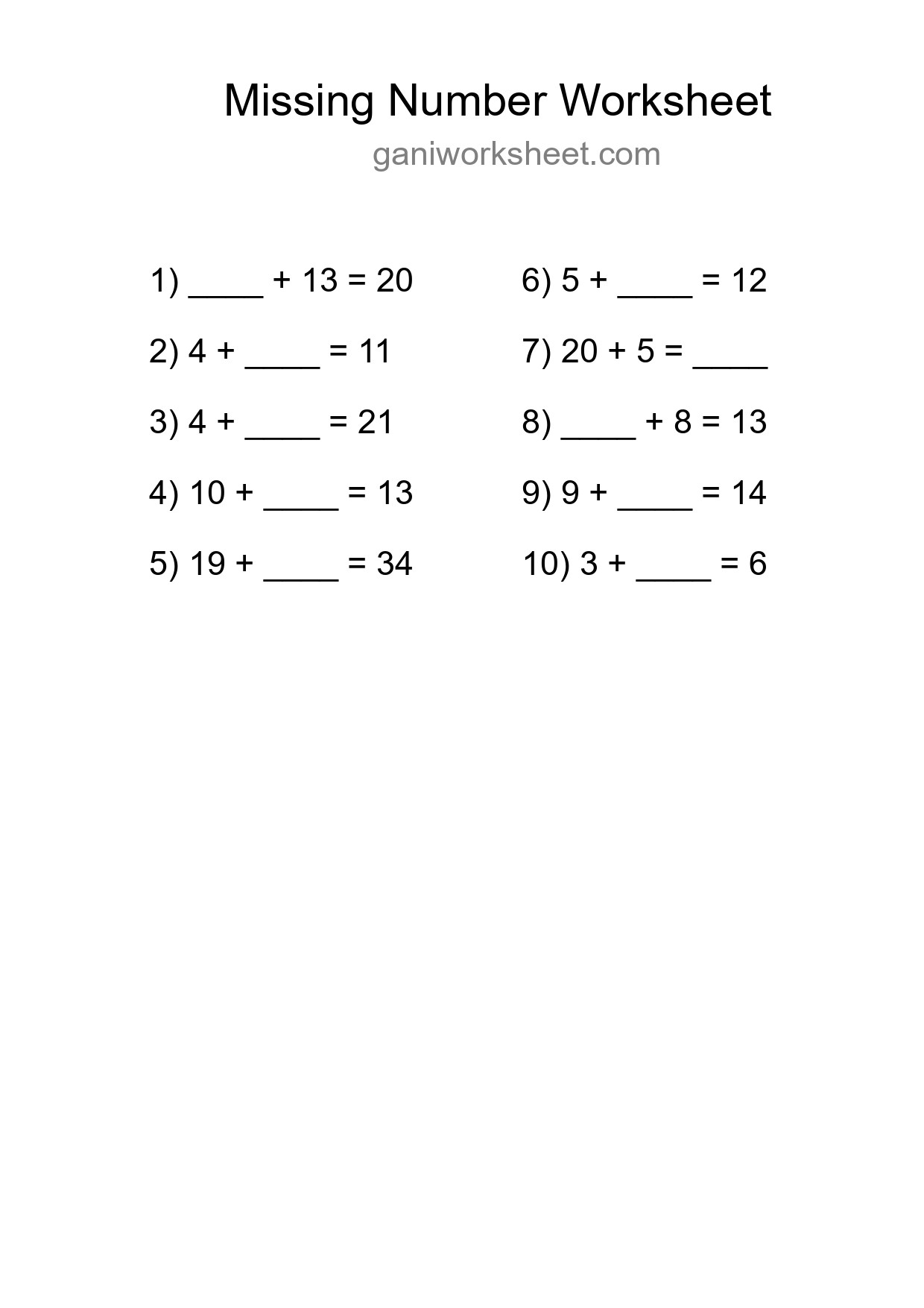 Missing Number Math Worksheet