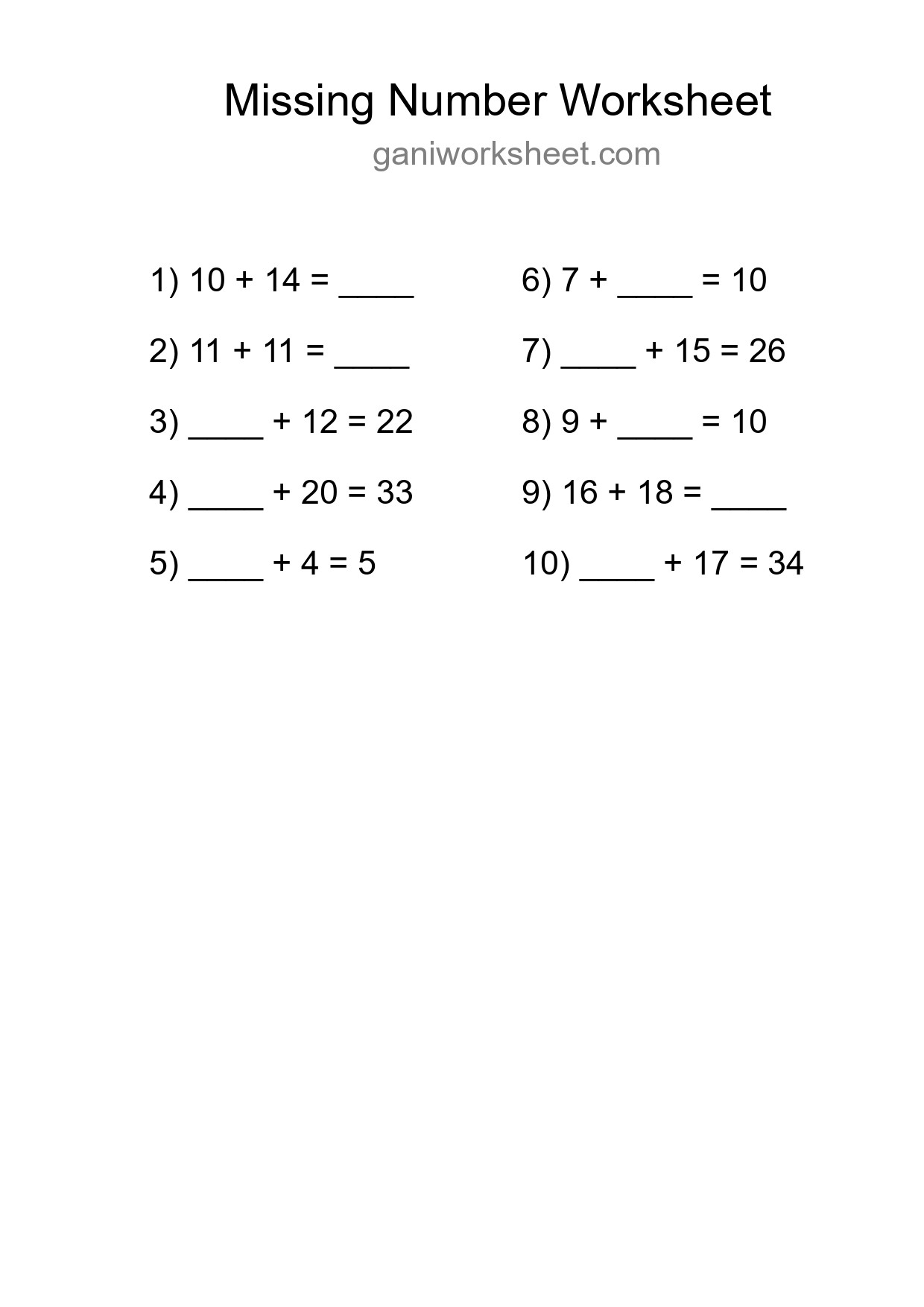 Missing Number Math Worksheet