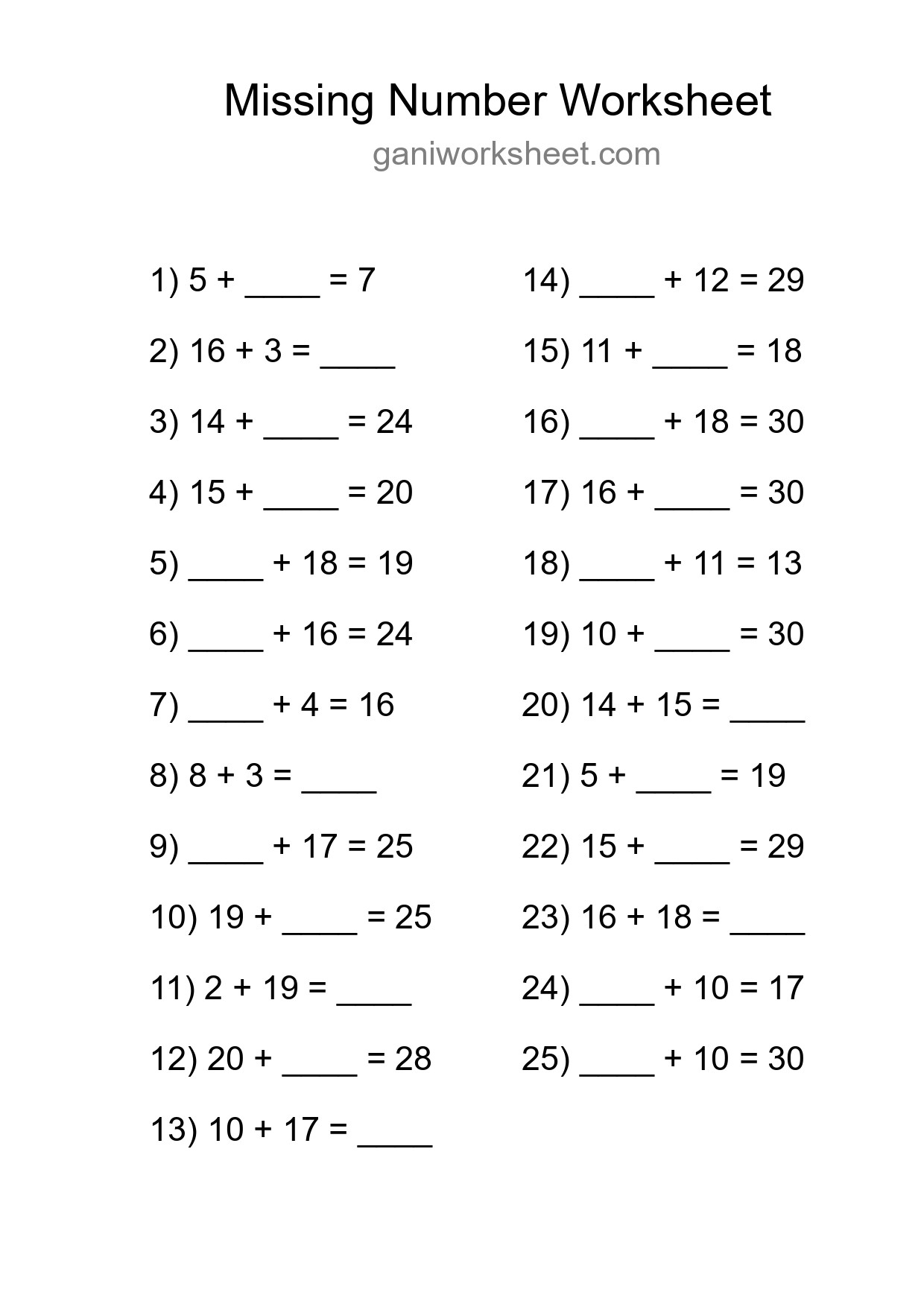 Missing Number Math Worksheet
