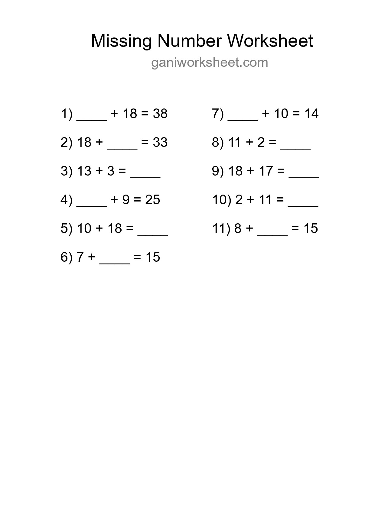 Missing Number Math Worksheet