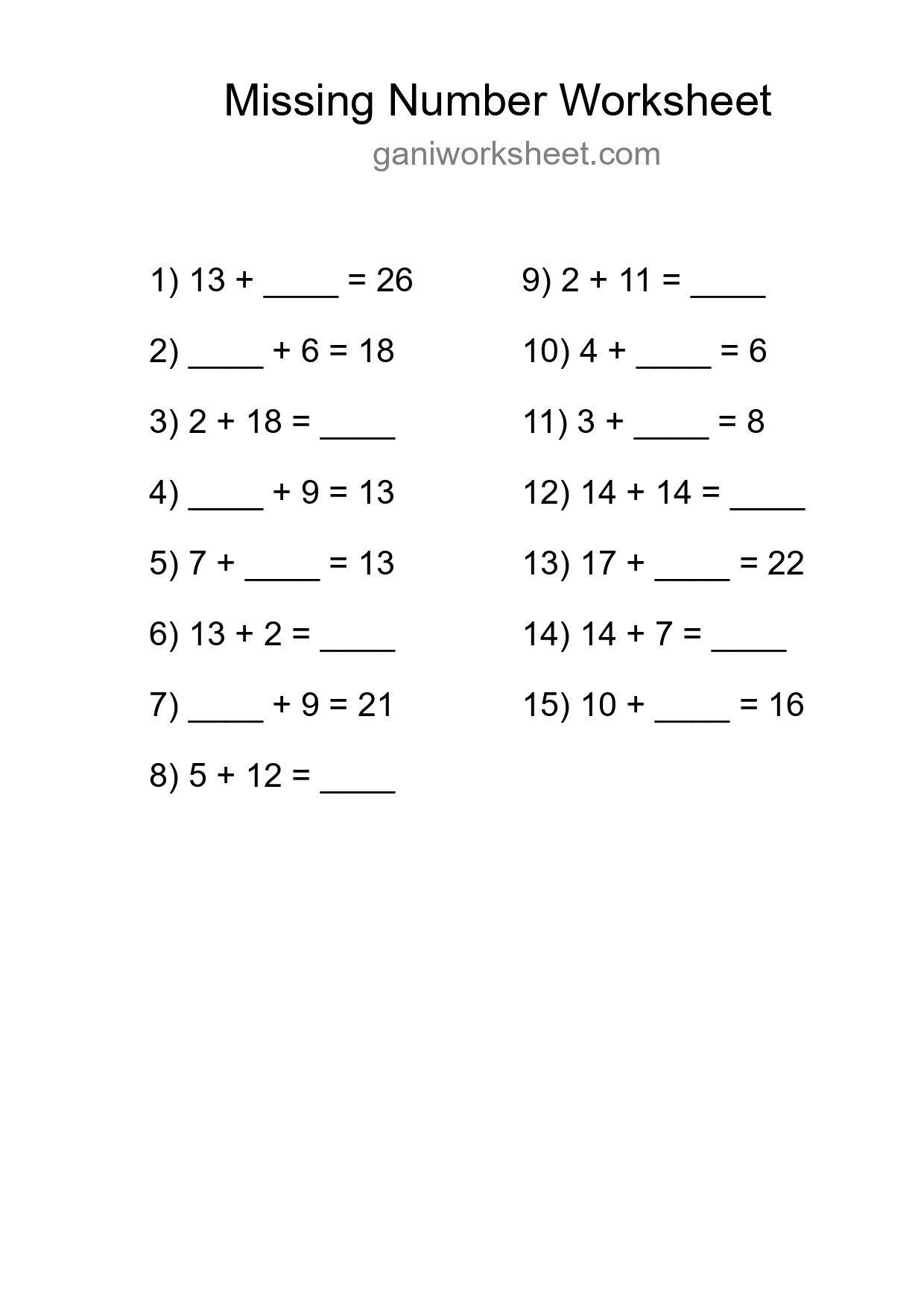 Missing Number Math Worksheet