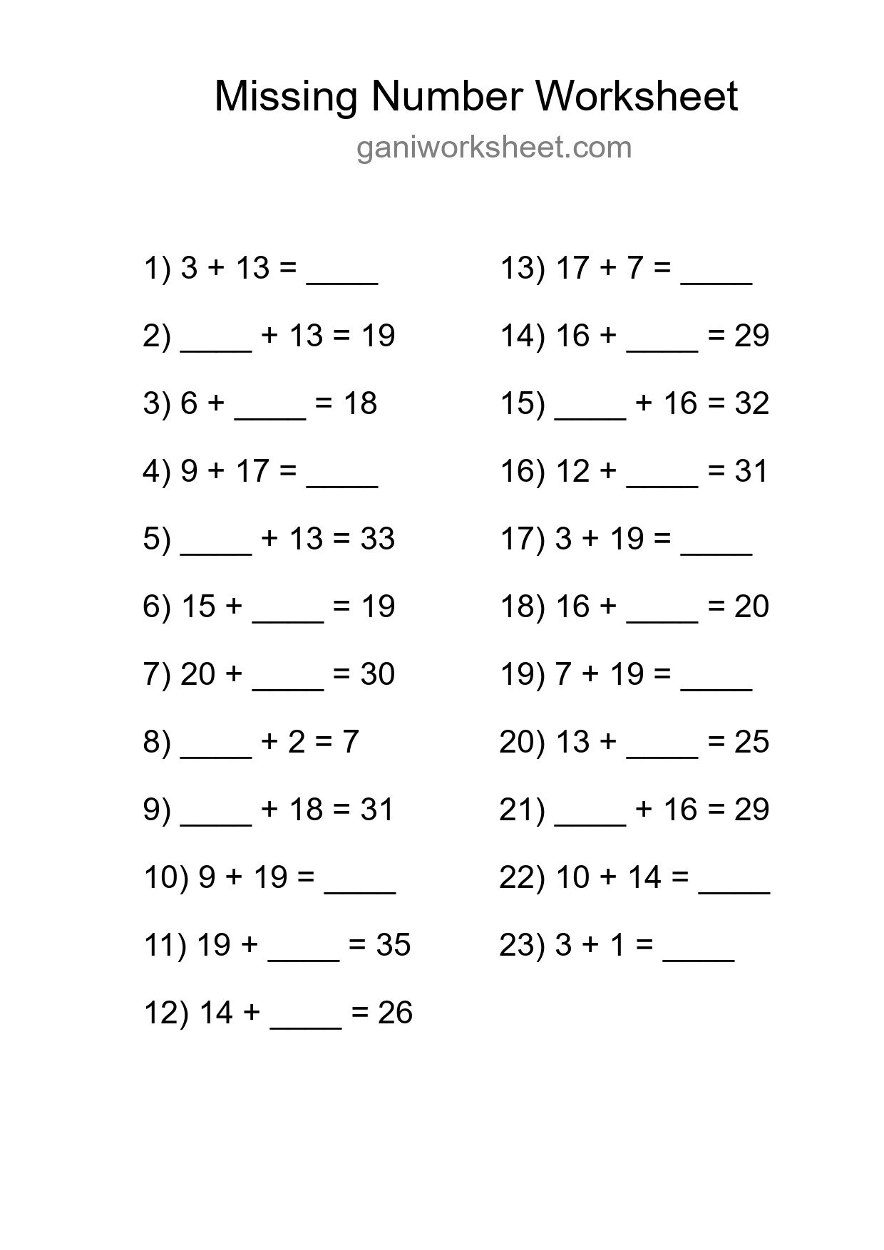 Missing Number Math Worksheet