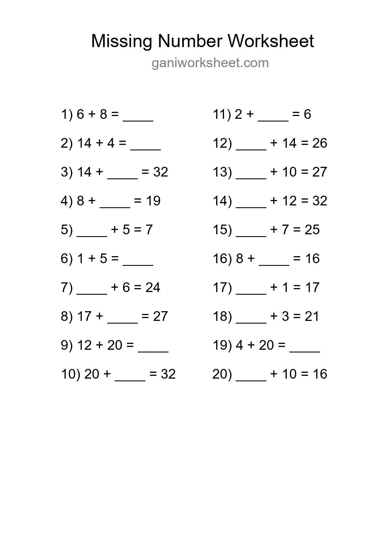 Missing Number Math Worksheet