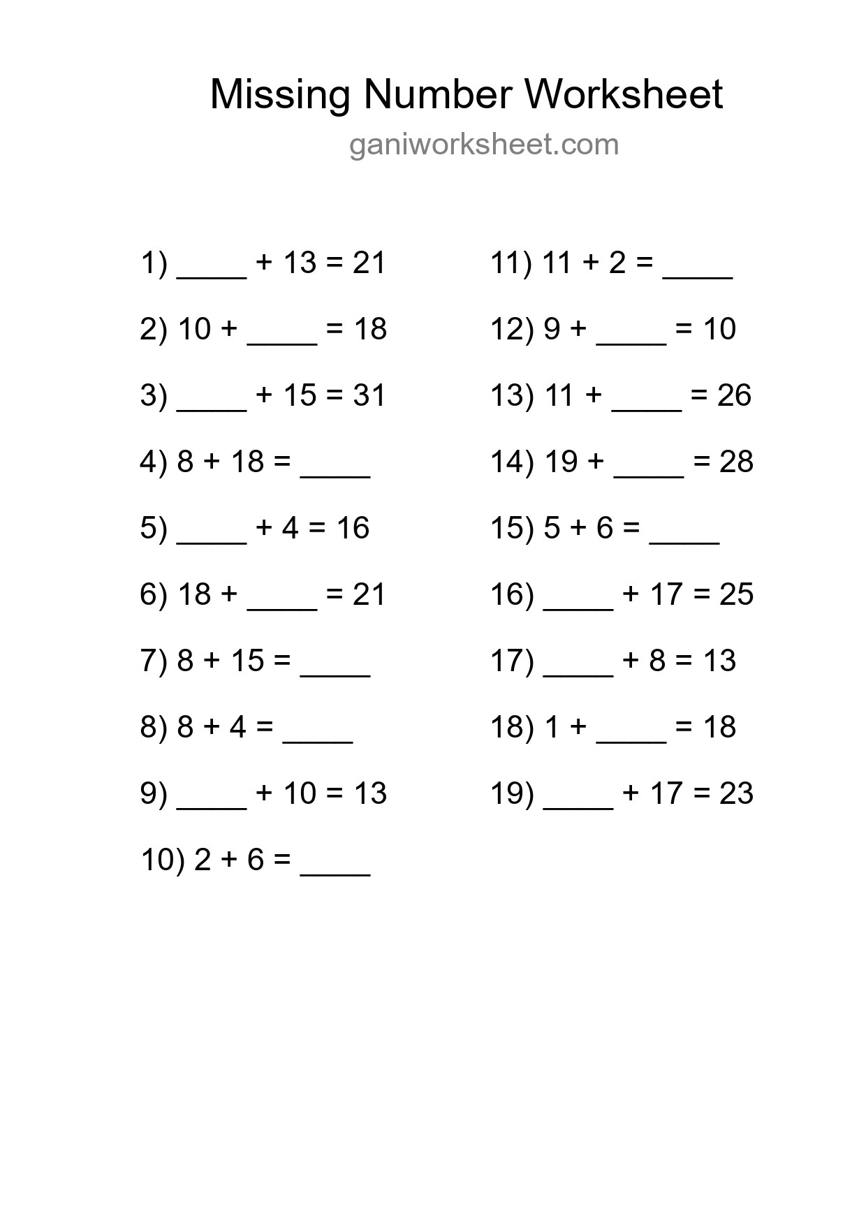 Missing Number Math Worksheet