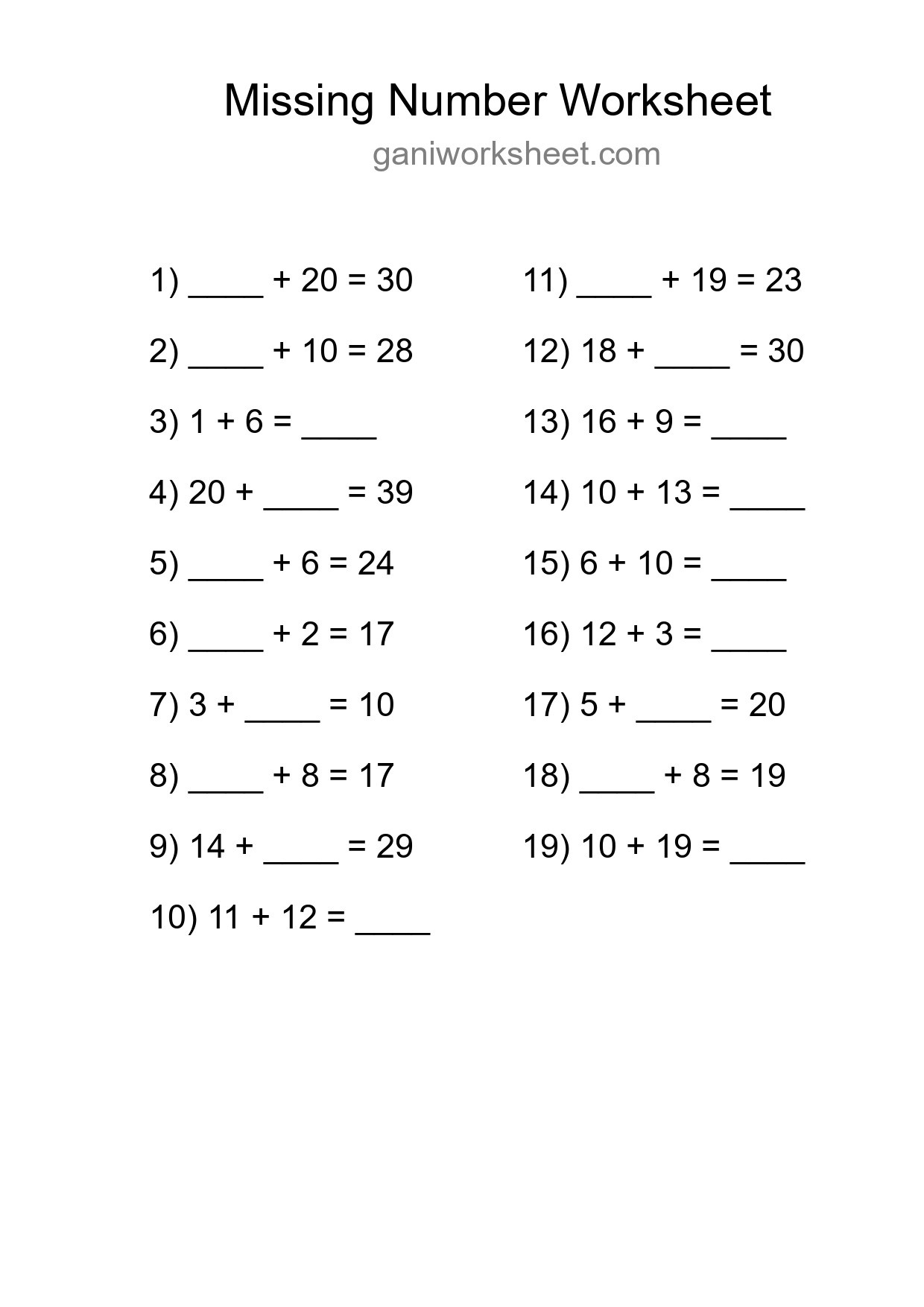 Missing Number Math Worksheet