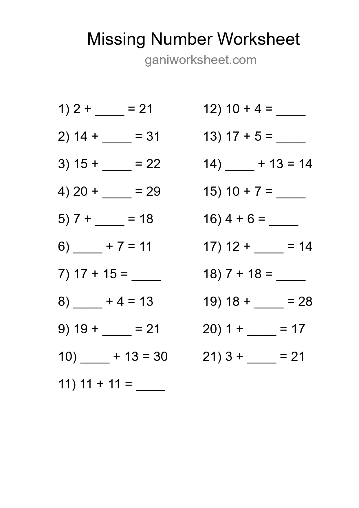 Missing Number Math Worksheet