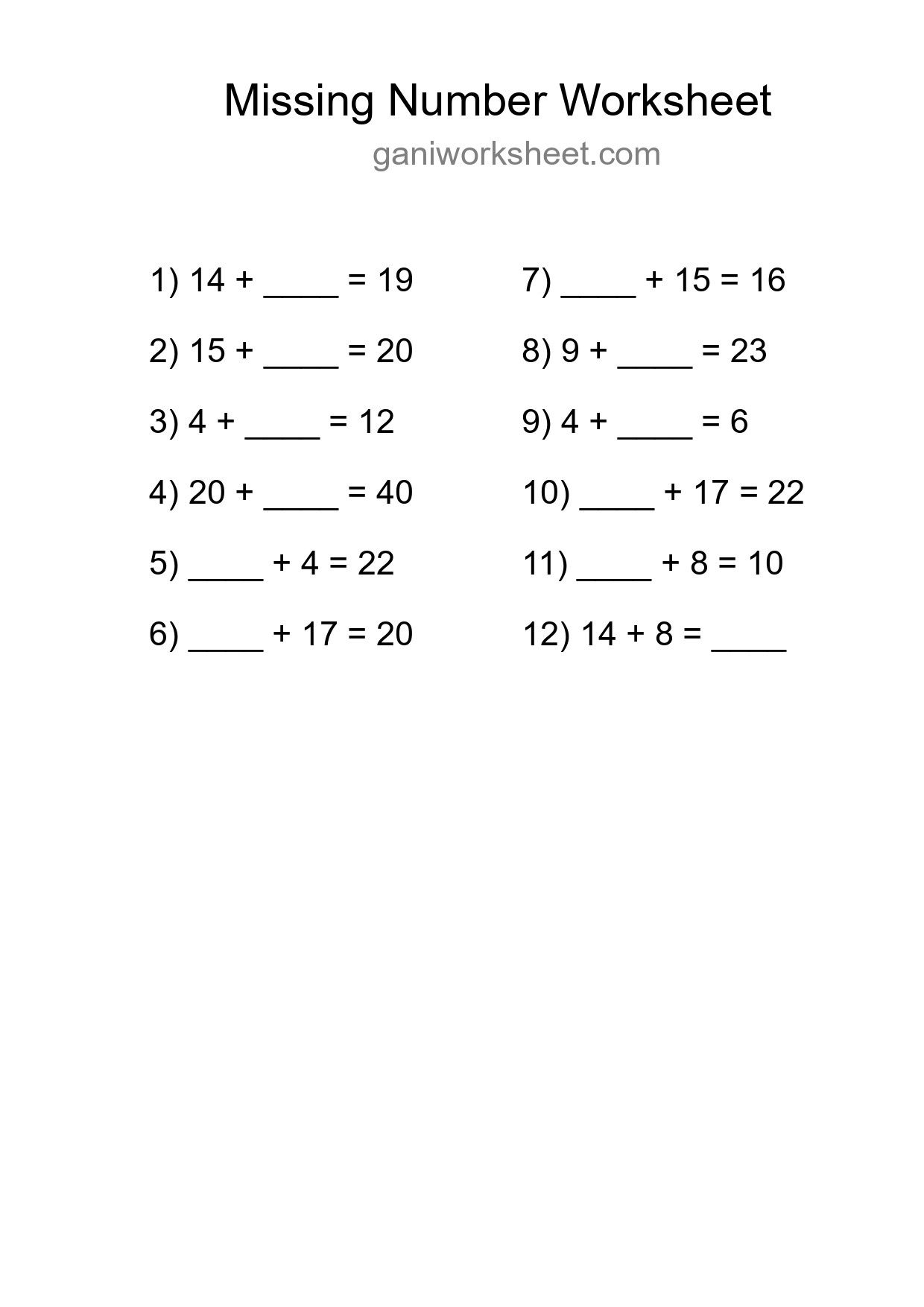 Missing Number Math Worksheet
