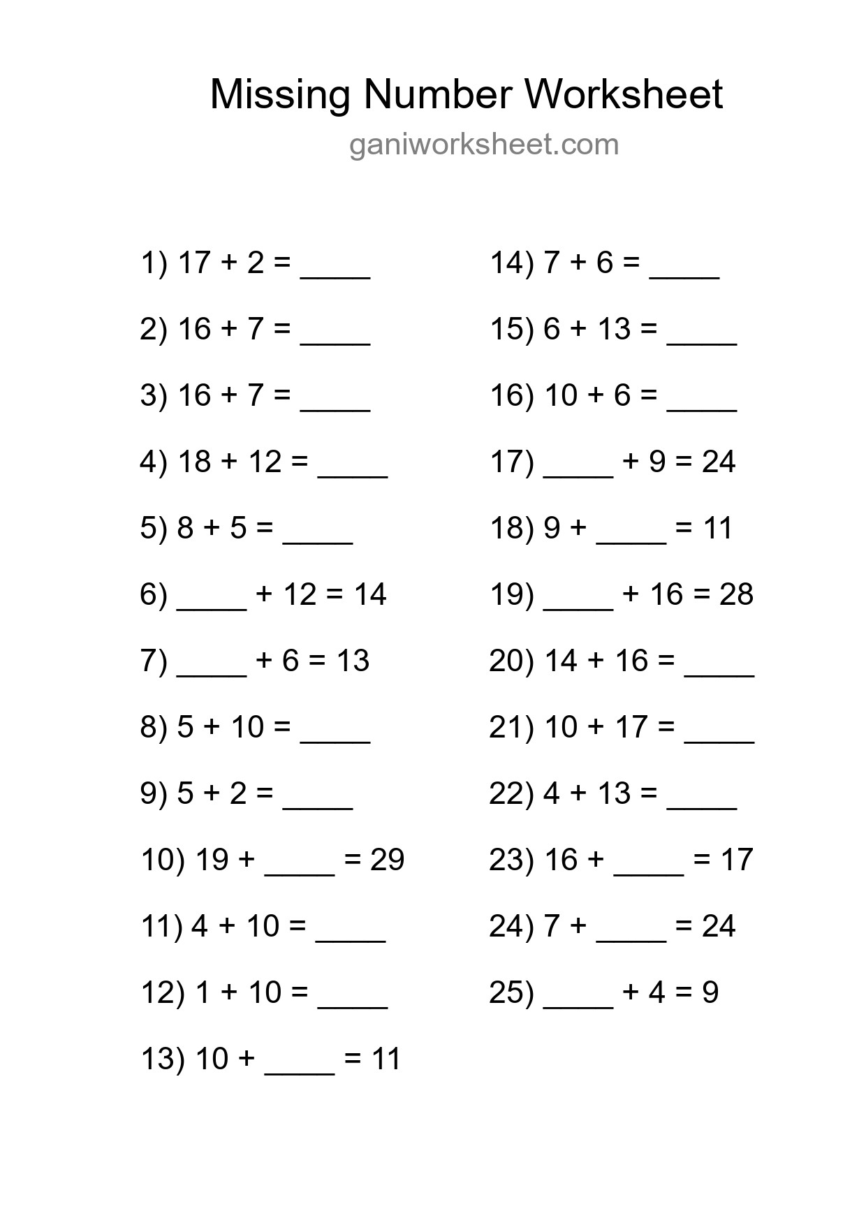 Missing Number Math Worksheet