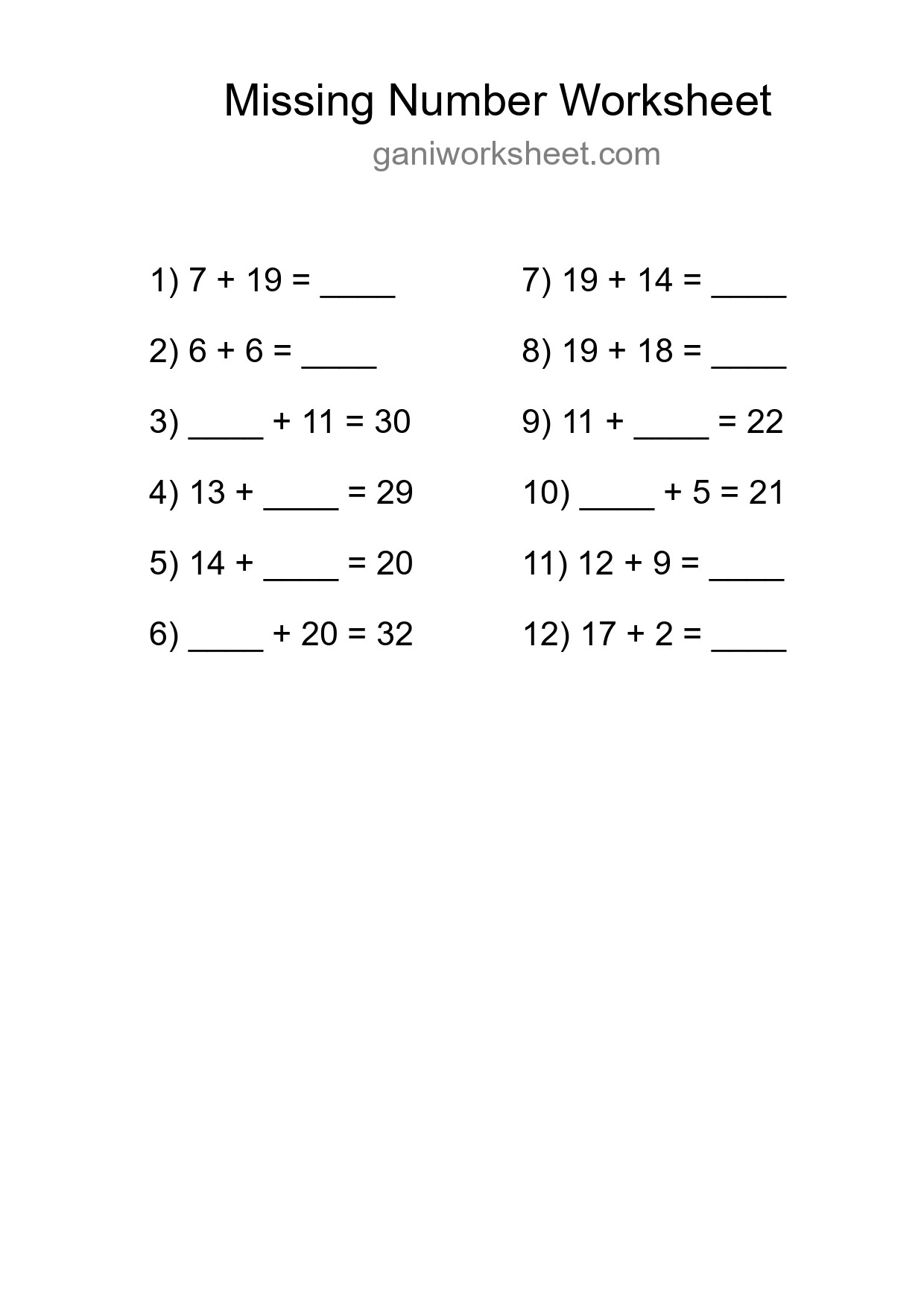 Missing Number Math Worksheet