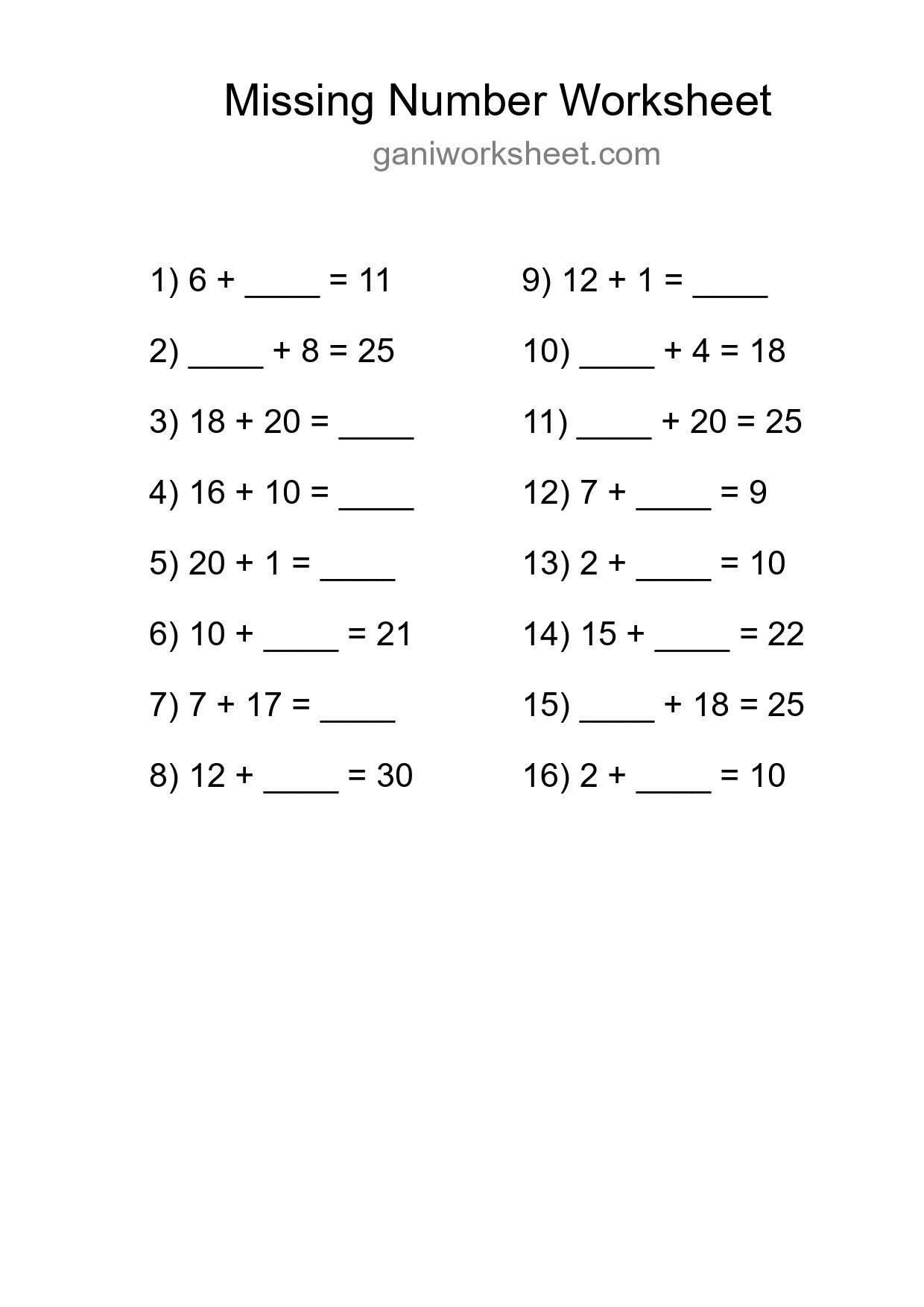 Missing Number Math Worksheet