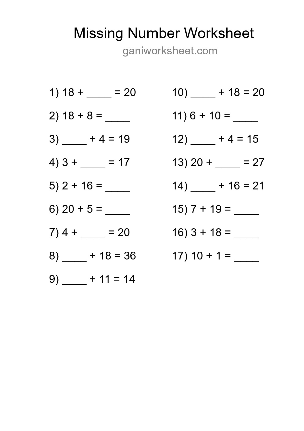 Missing Number Math Worksheet