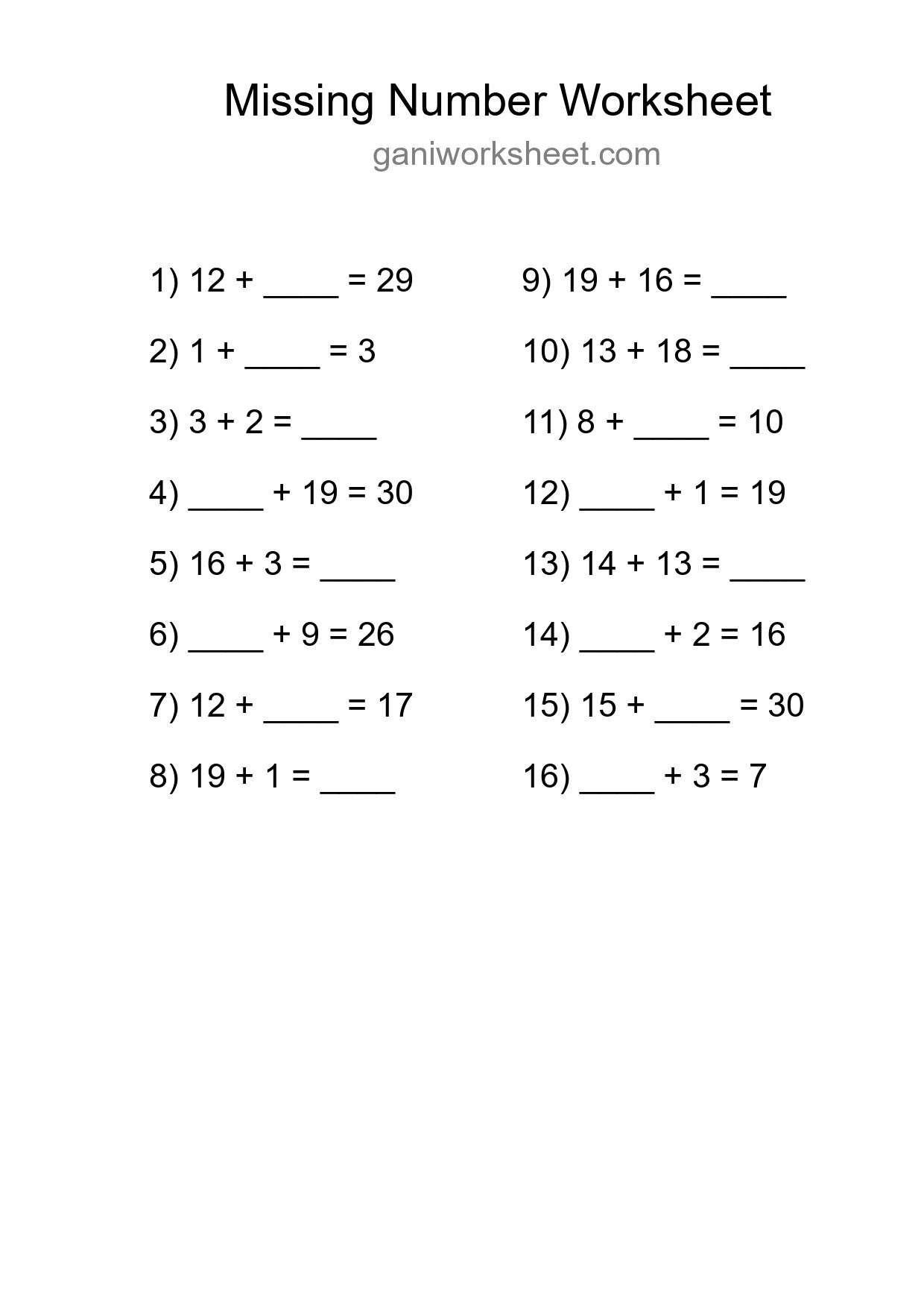 Missing Number Math Worksheet