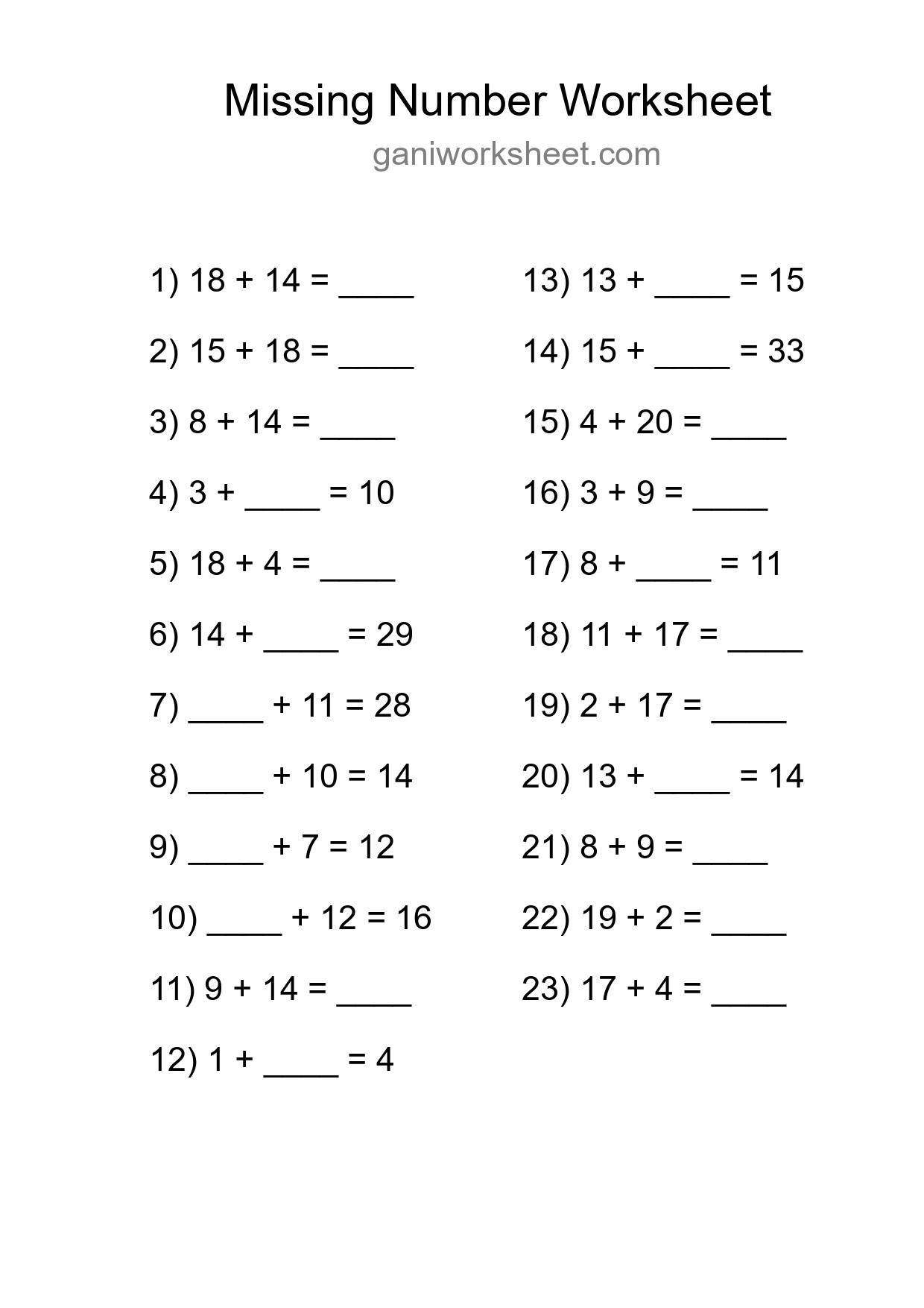 Missing Number Math Worksheet