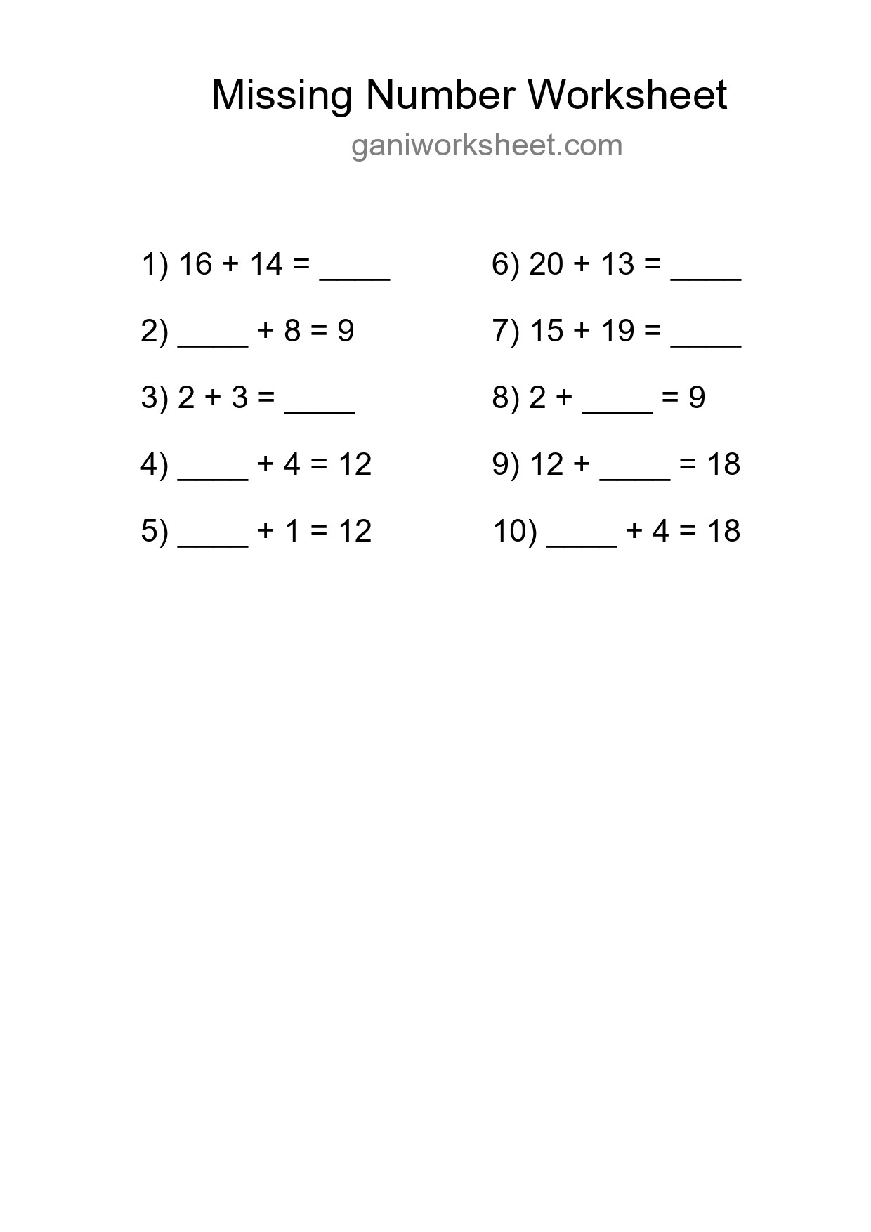 Missing Number Math Worksheet