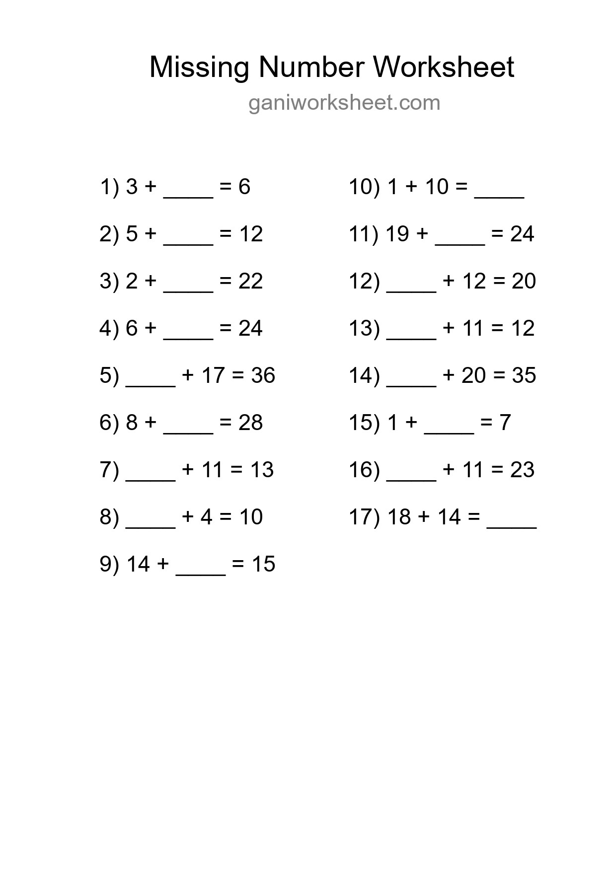 Missing Number Math Worksheet