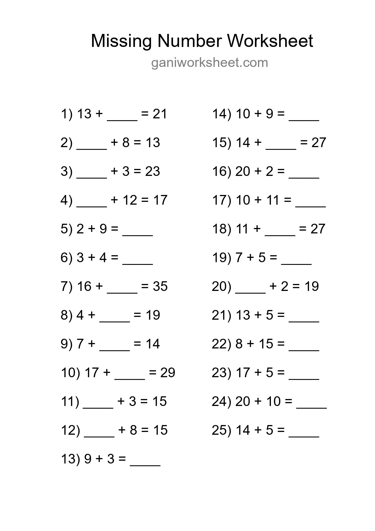 Missing Number Math Worksheet