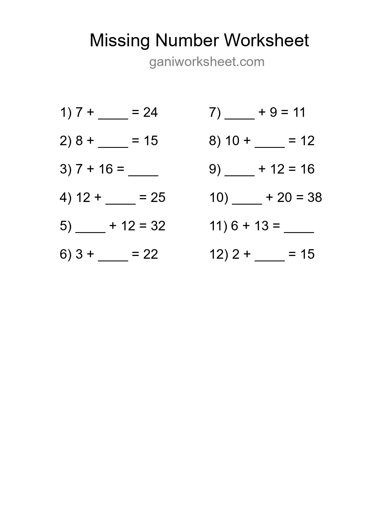 Missing Number Math Worksheet
