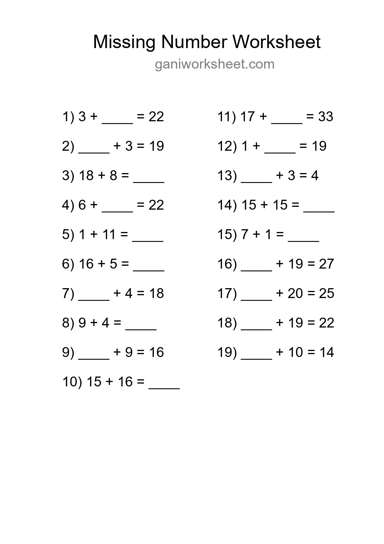 Missing Number Math Worksheet