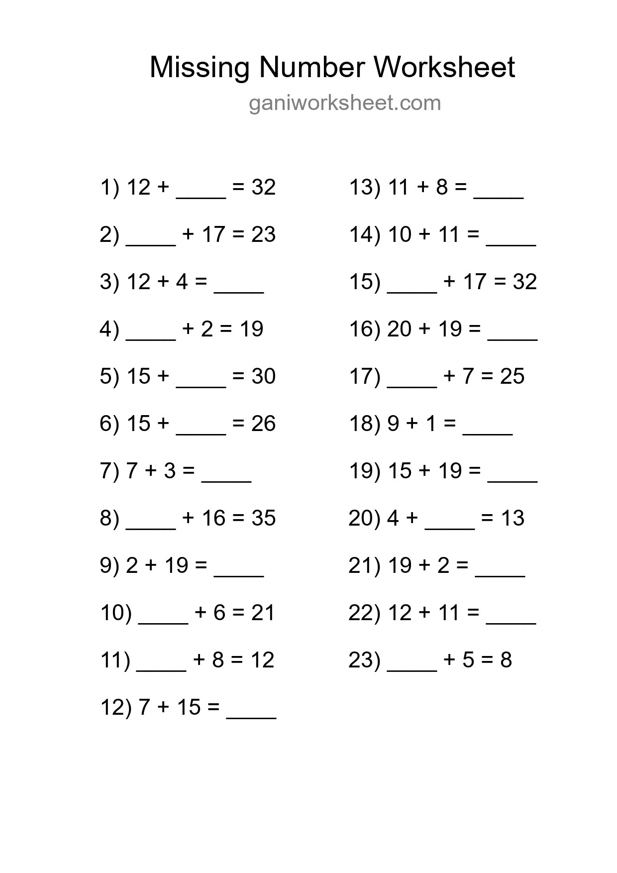 Missing Number Math Worksheet