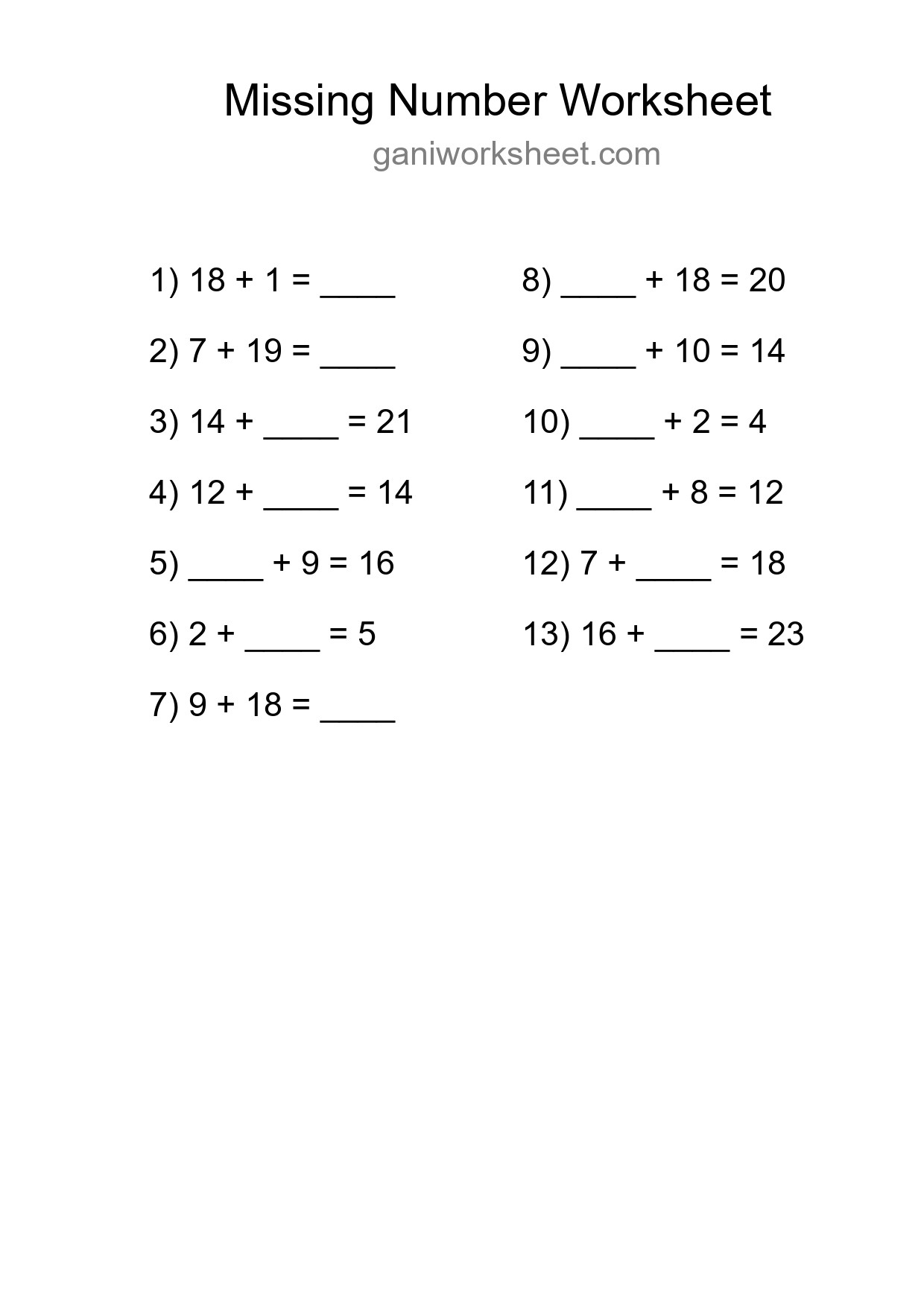 Missing Number Math Worksheet