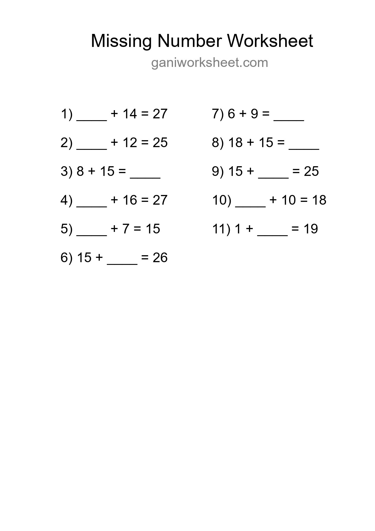 Missing Number Math Worksheet