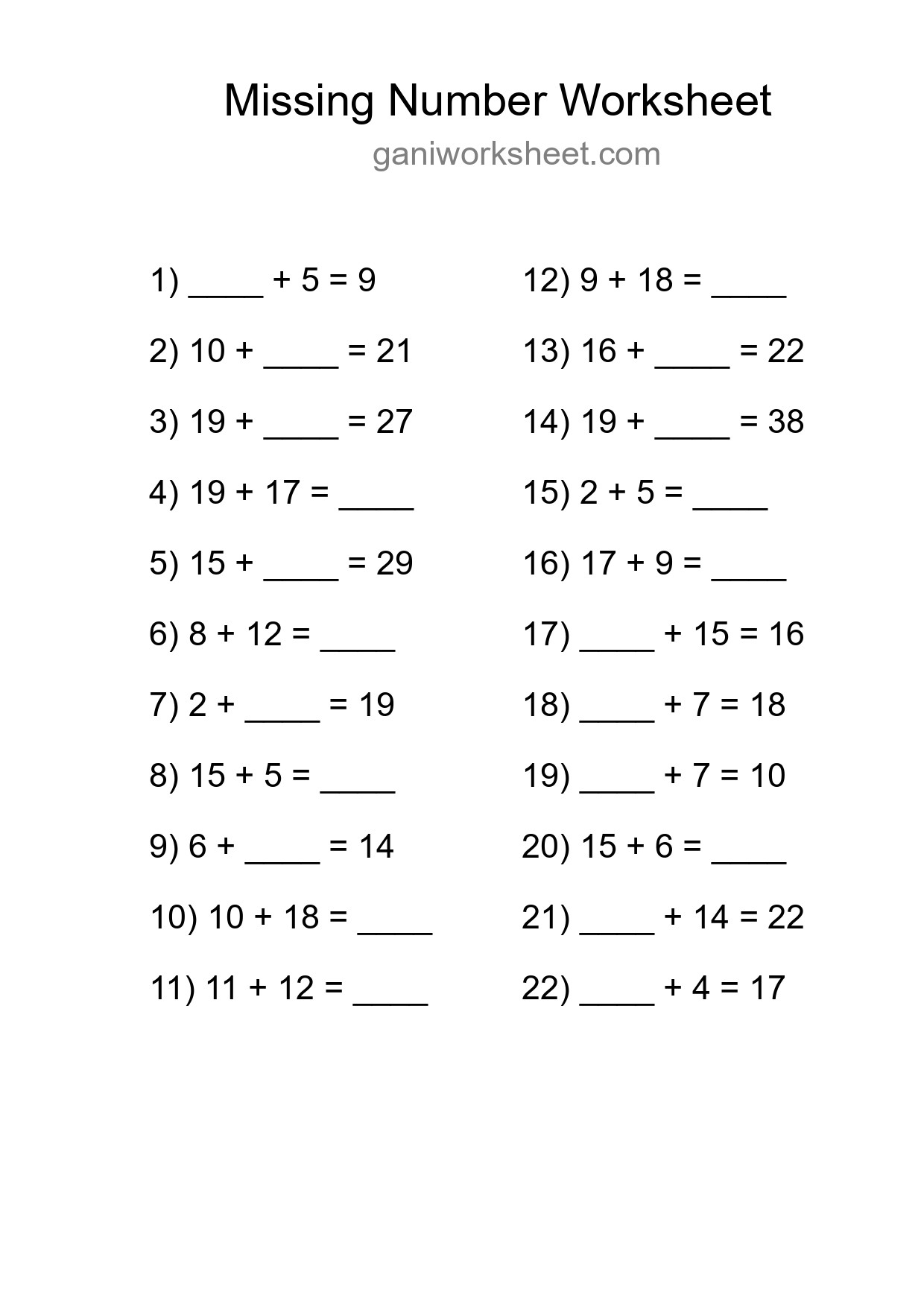 Missing Number Math Worksheet