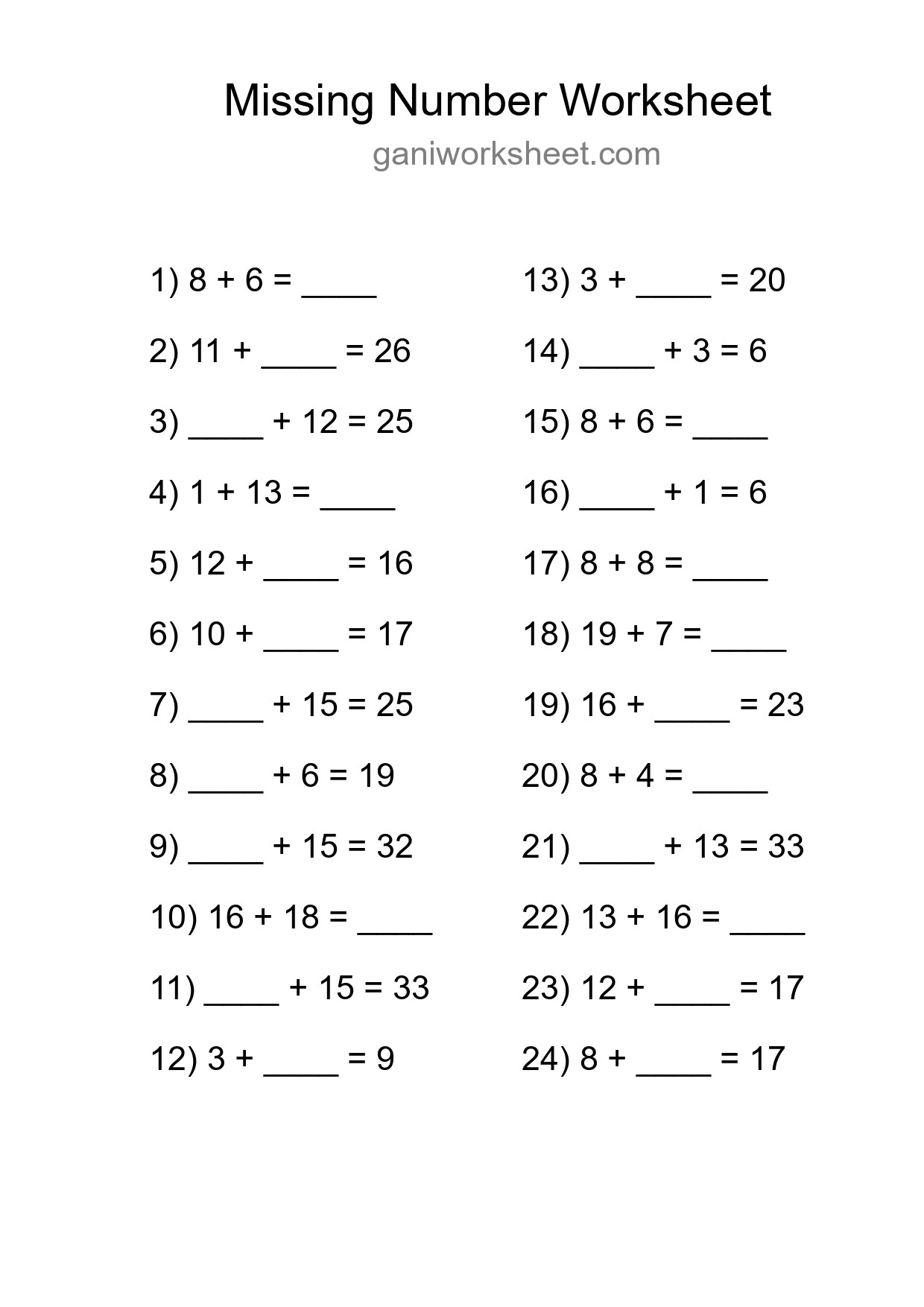 Missing Number Math Worksheet