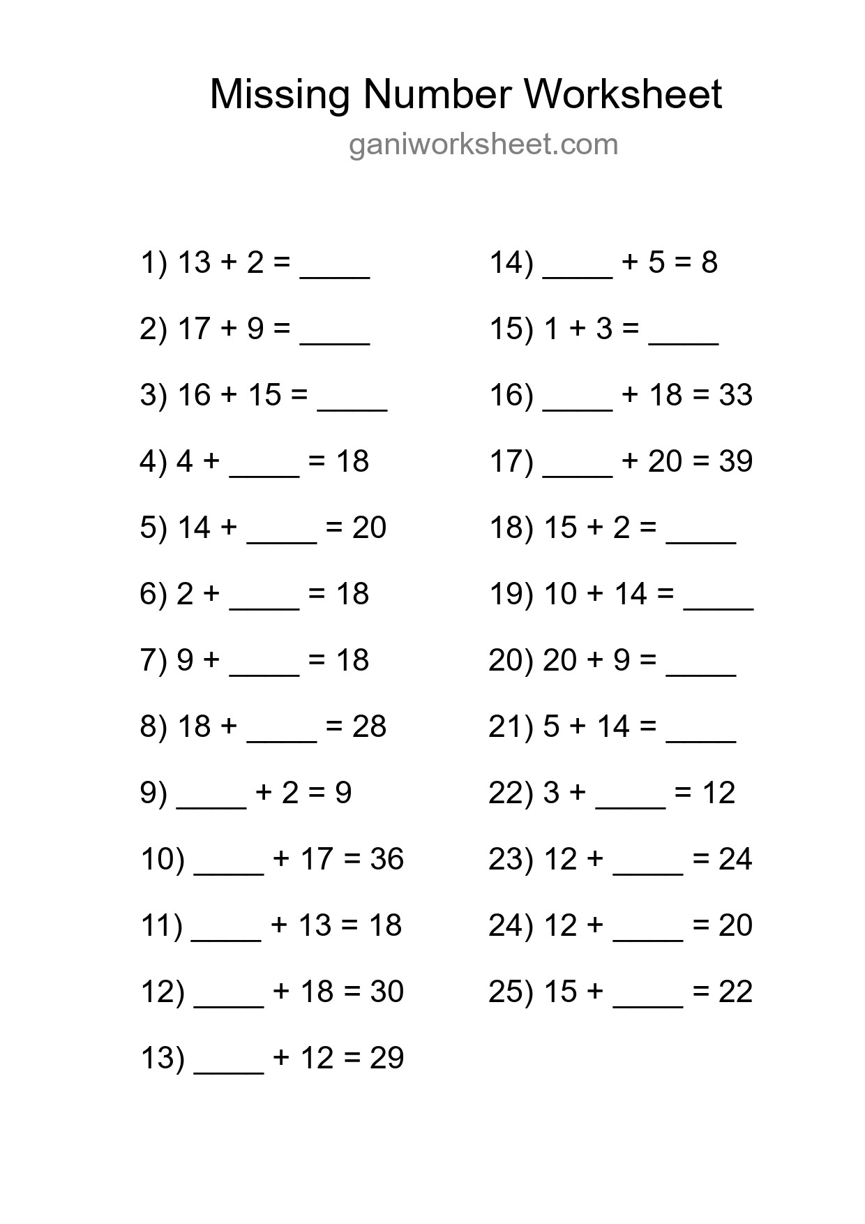 Missing Number Math Worksheet