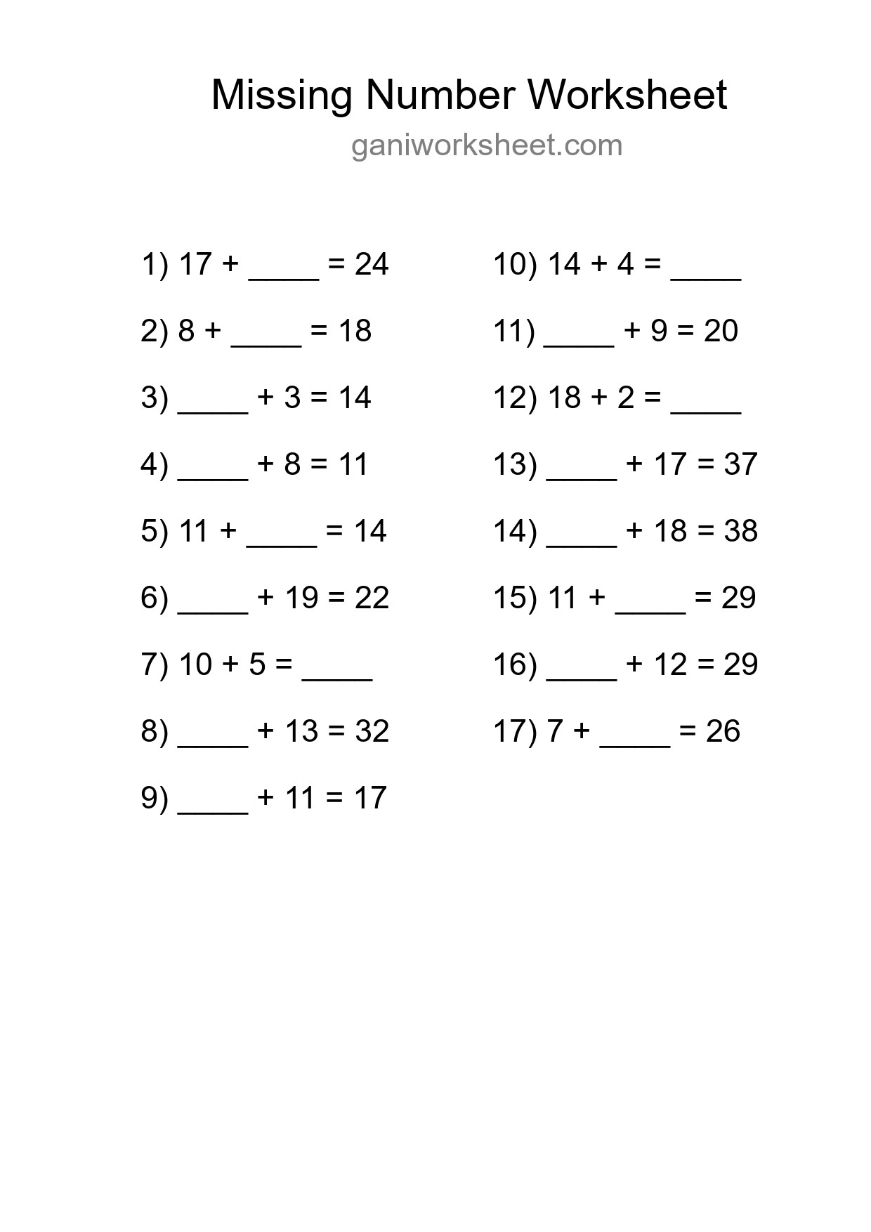 Missing Number Math Worksheet