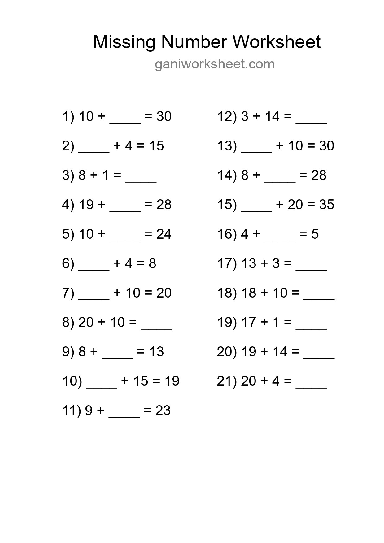 Missing Number Math Worksheet
