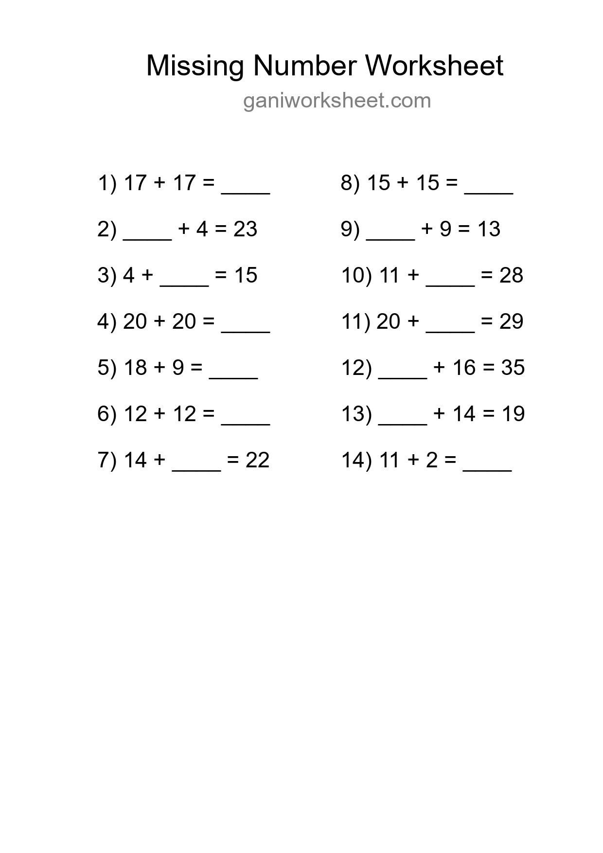 Missing Number Math Worksheet