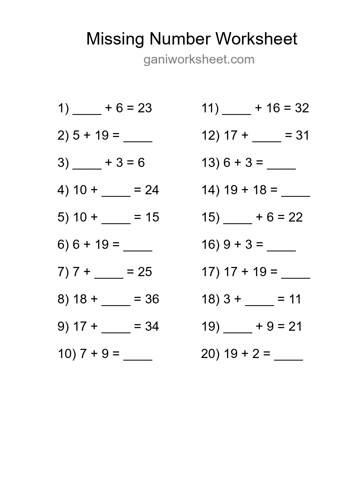 Missing Number Math Worksheet