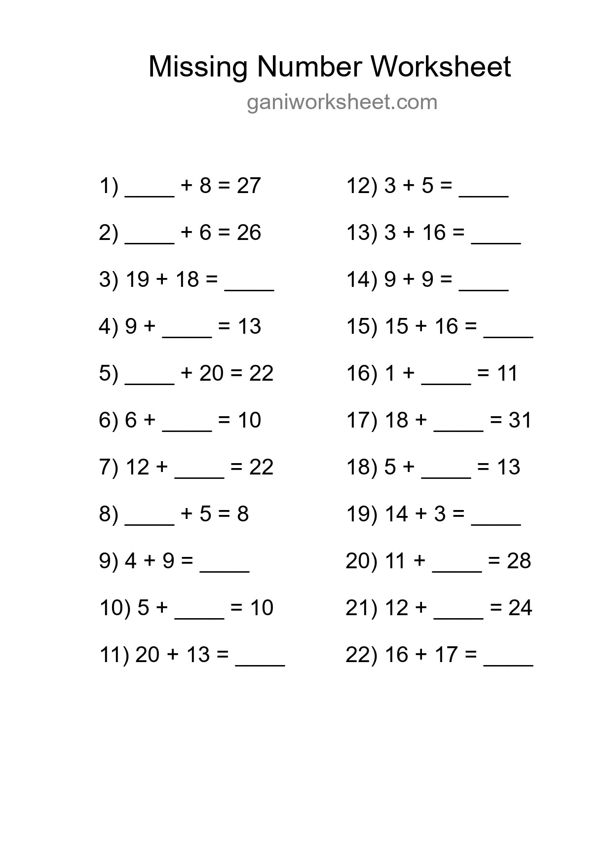 Missing Number Math Worksheet