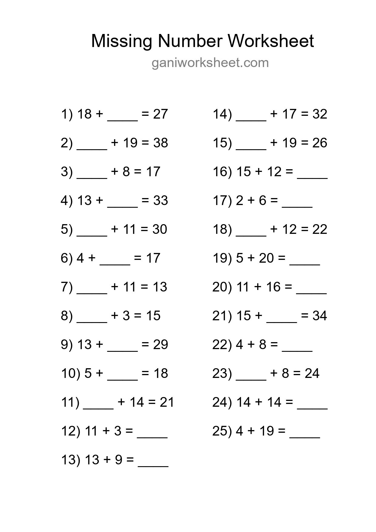Missing Number Math Worksheet