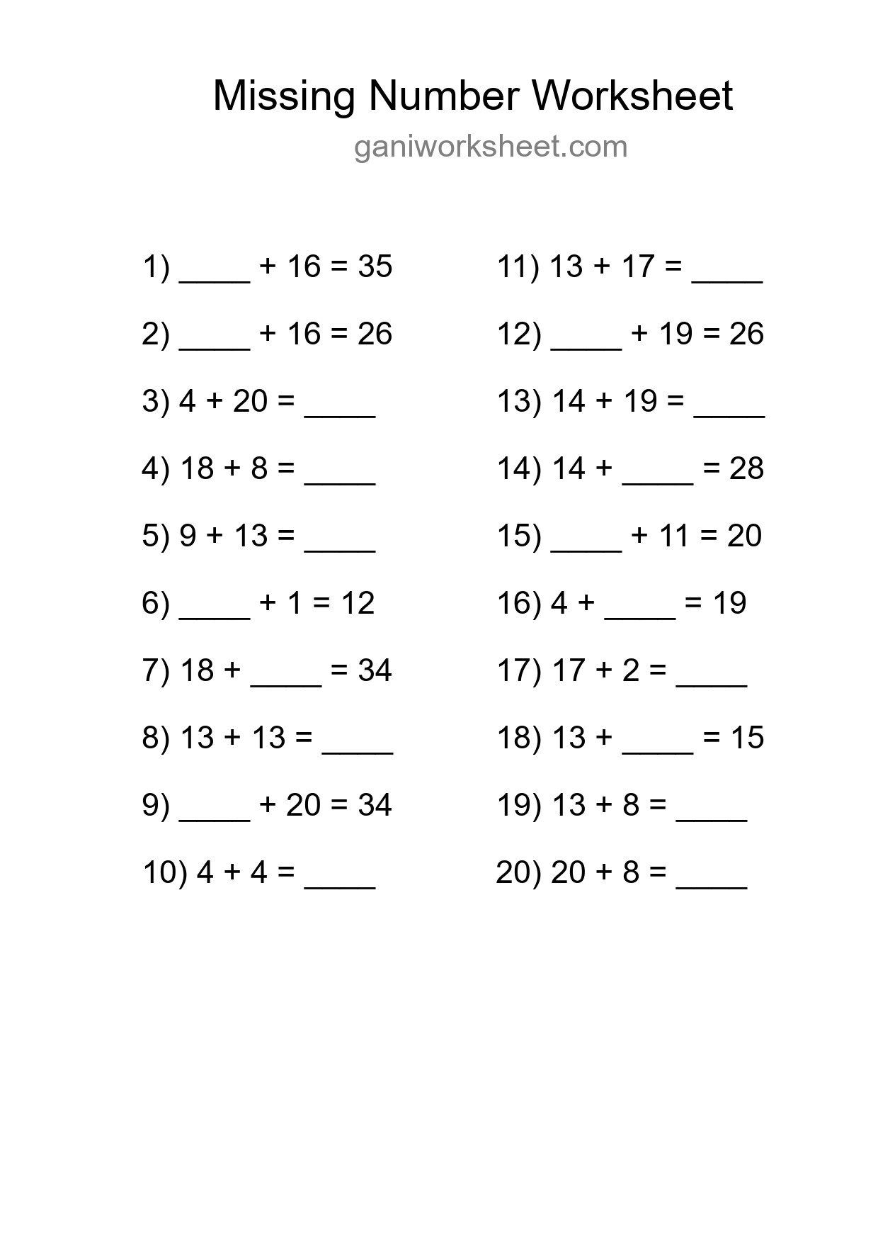 Missing Number Math Worksheet