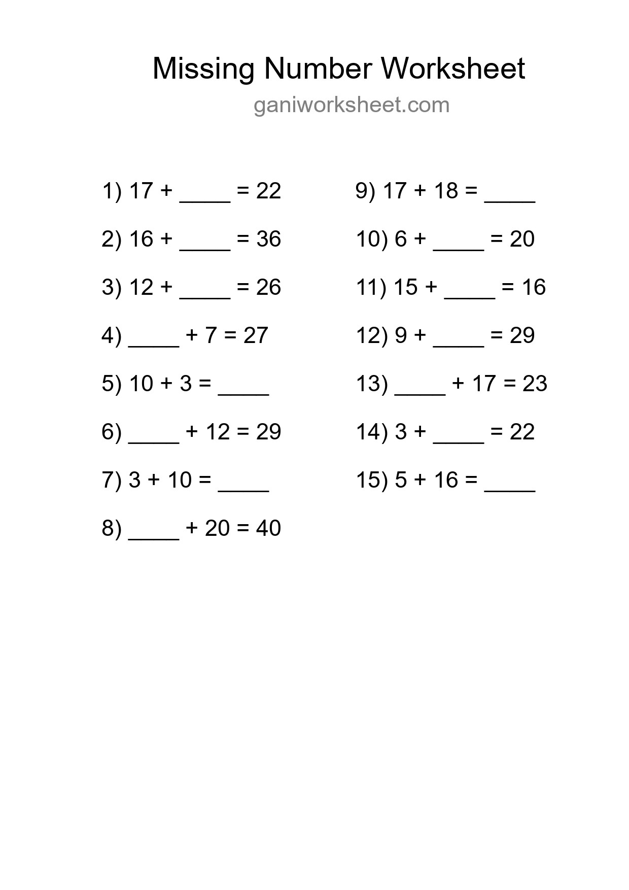 Missing Number Math Worksheet