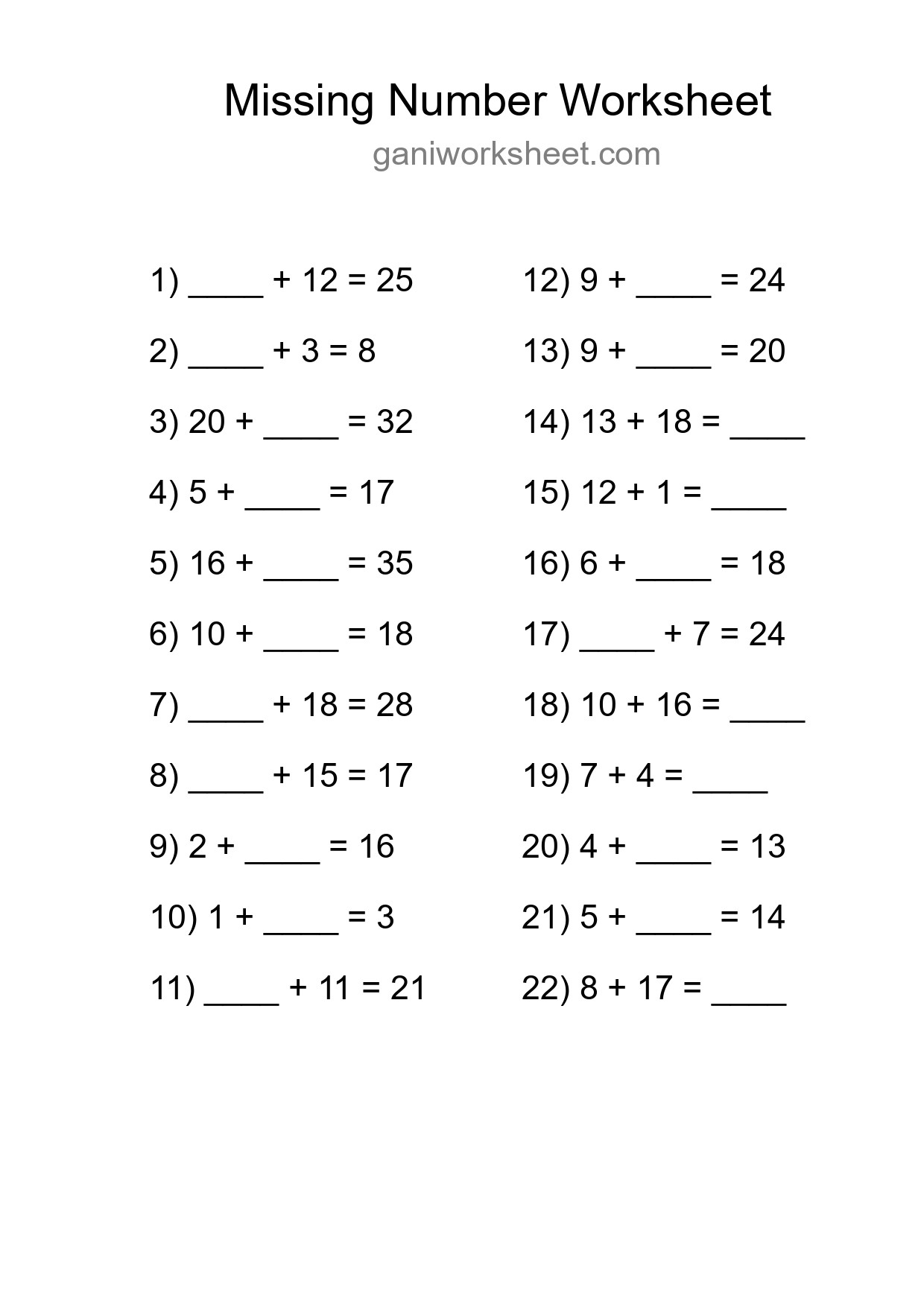Missing Number Math Worksheet