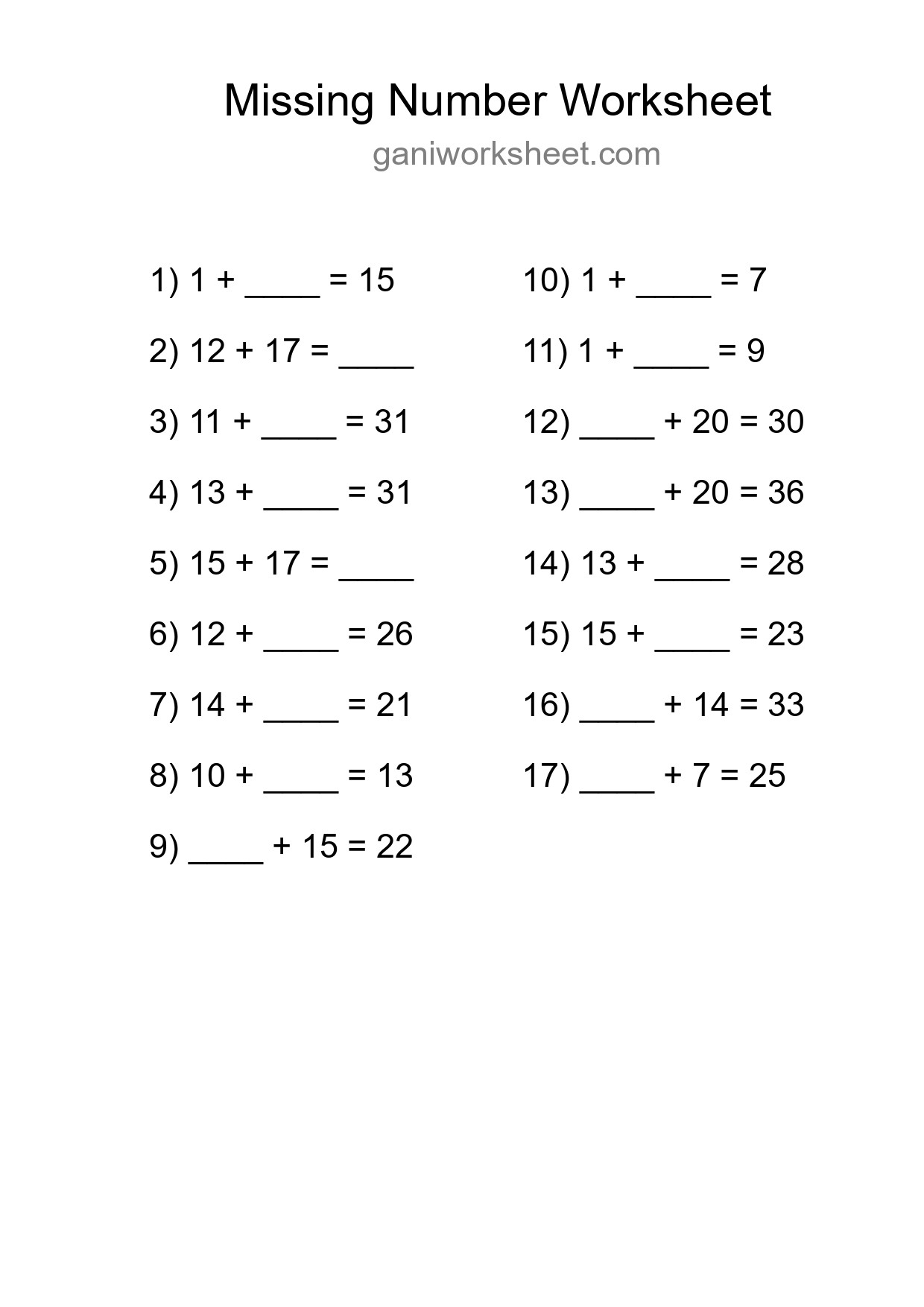 Missing Number Math Worksheet