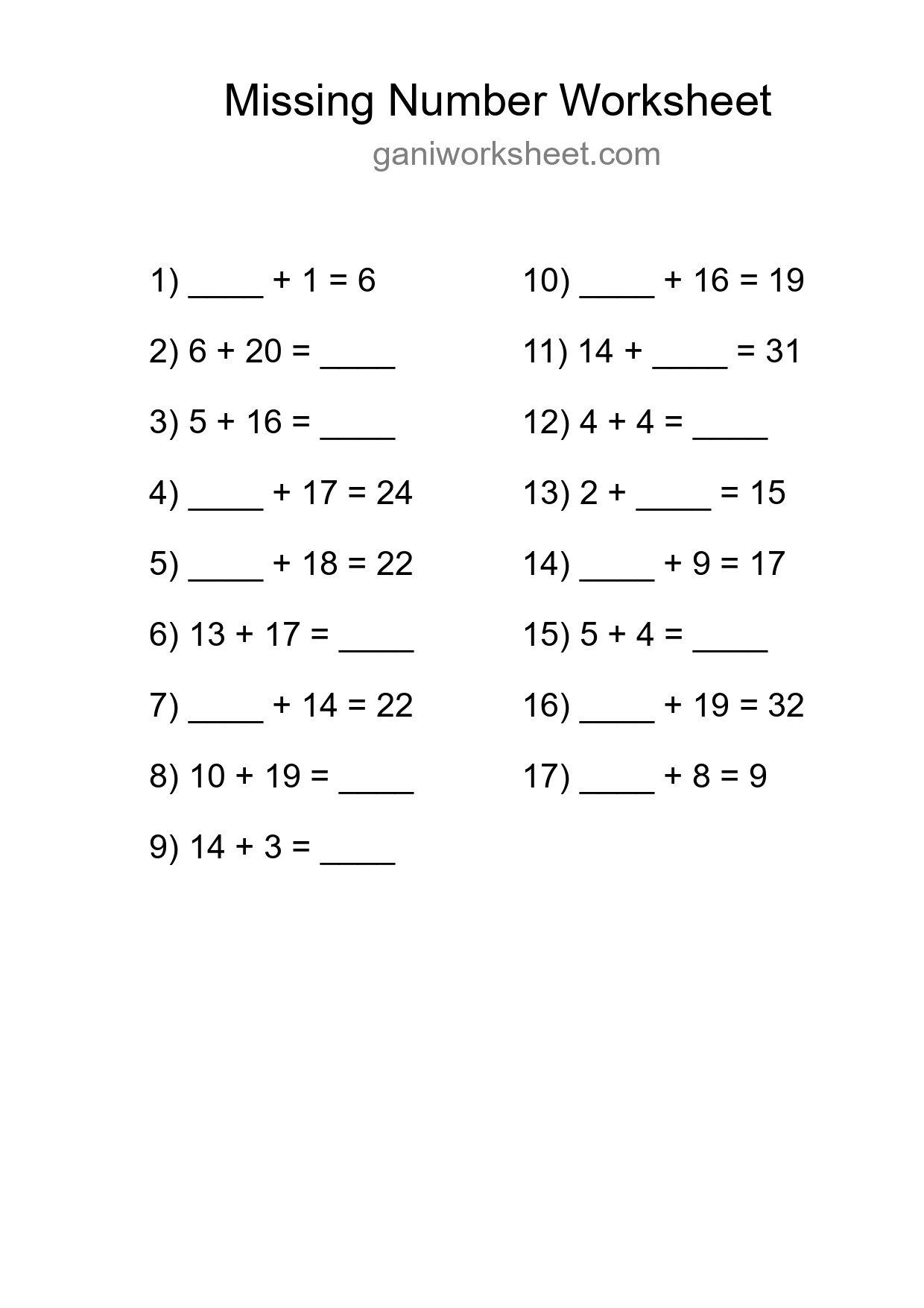 Missing Number Math Worksheet