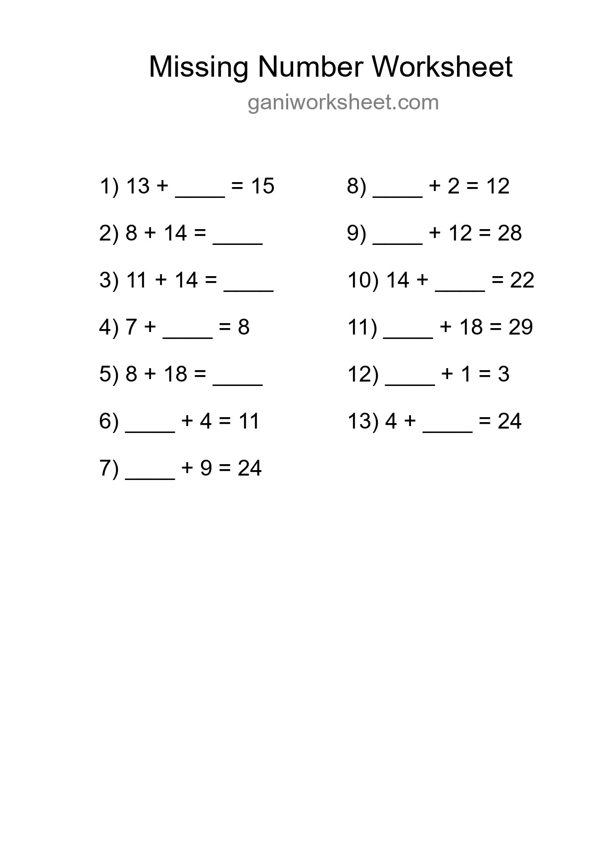 Missing Number Math Worksheet
